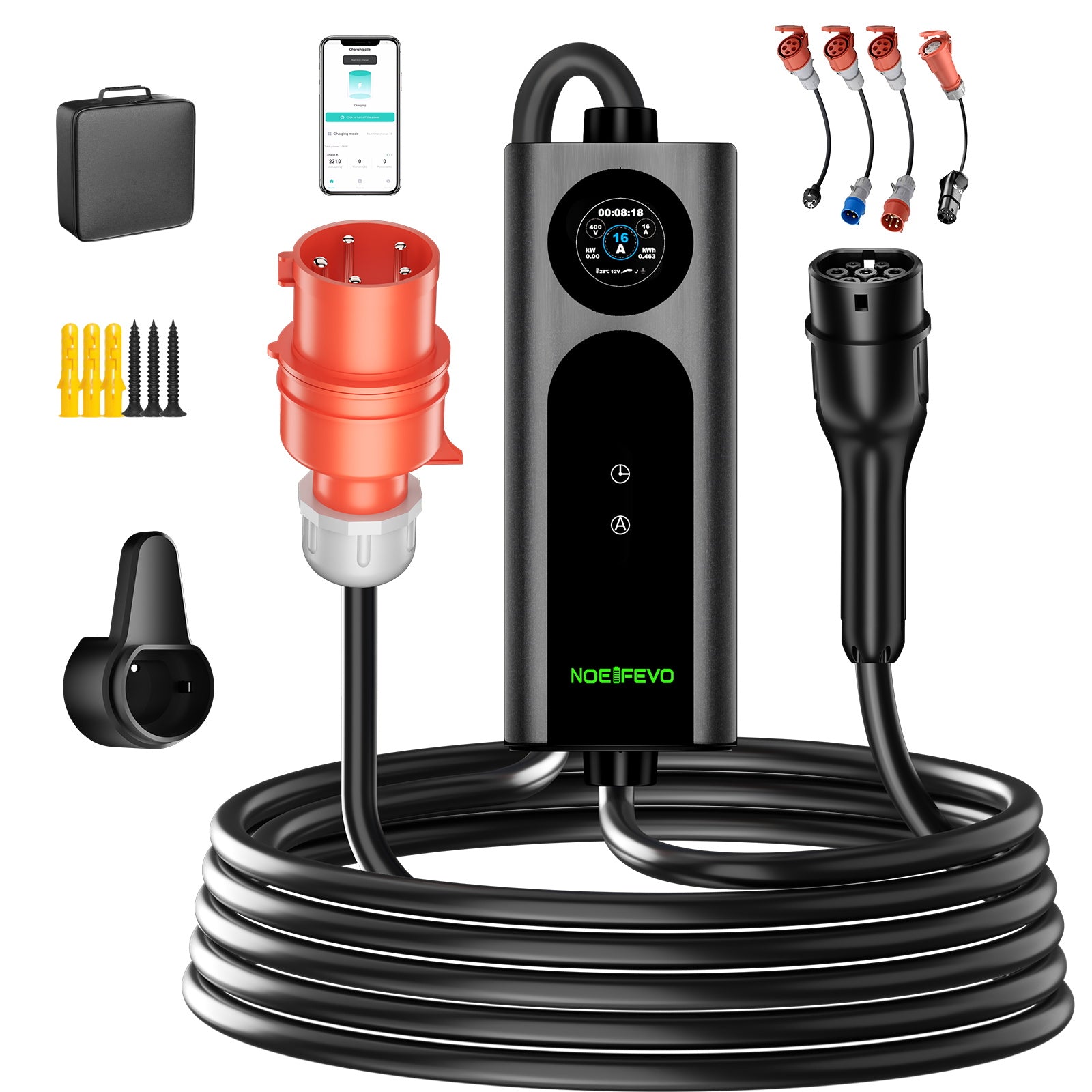 NOEIFEVO 2026 Pro mobilní wallbox 11 kW s aplikací, nabíjecí kabel pro elektromobily CEE 16A na Typ 2, 3fázová EV nabíječka pro všechny EV (IEC 62196-2) a PHEV