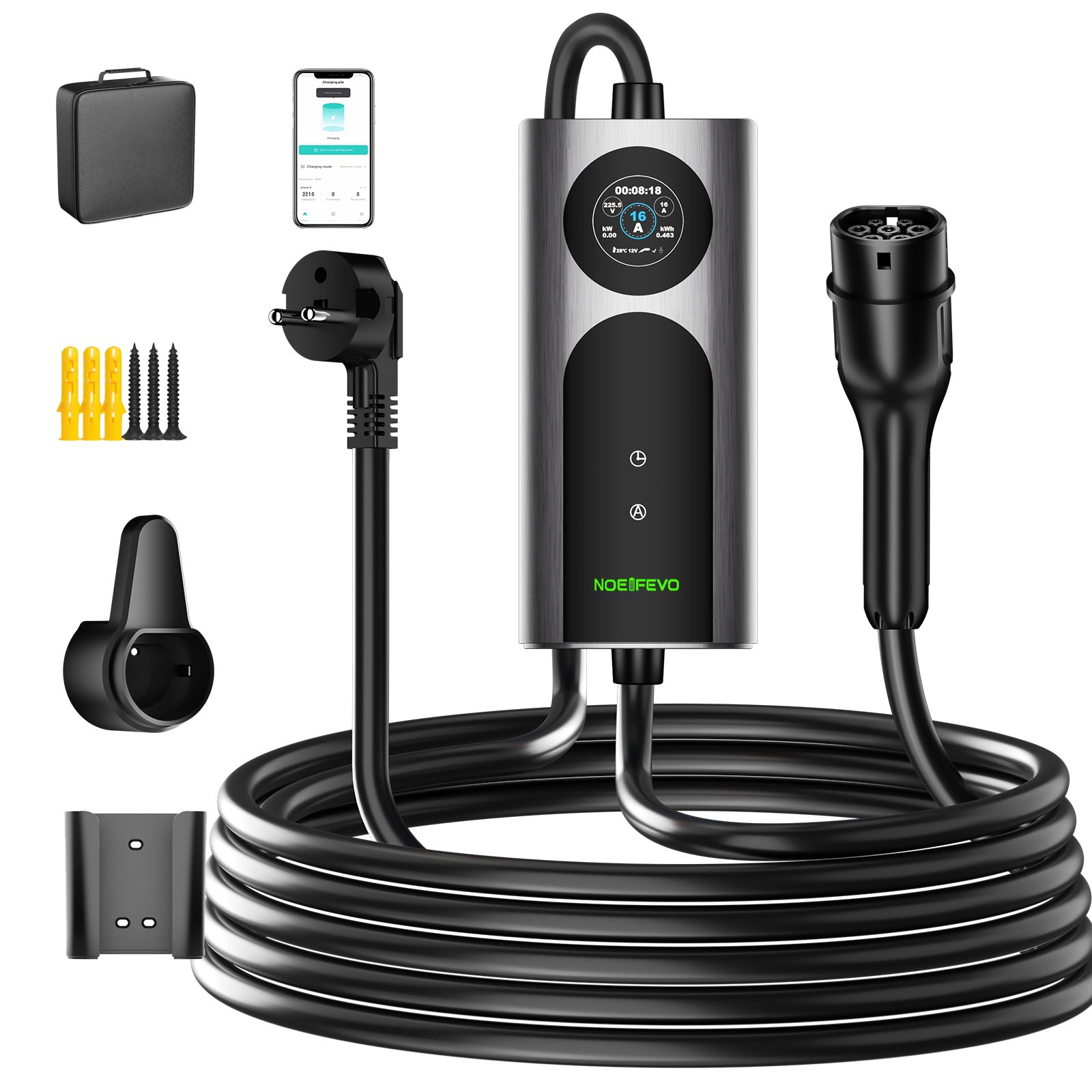 NOEIFEVO CY01 Typ 2 Laddkabel Schuko 220V, 3,7kW Mobil väggbox med APP, 6-16A 1-fas Laddkabel för Alla EVs (IEC 62196-2) & PHEVs