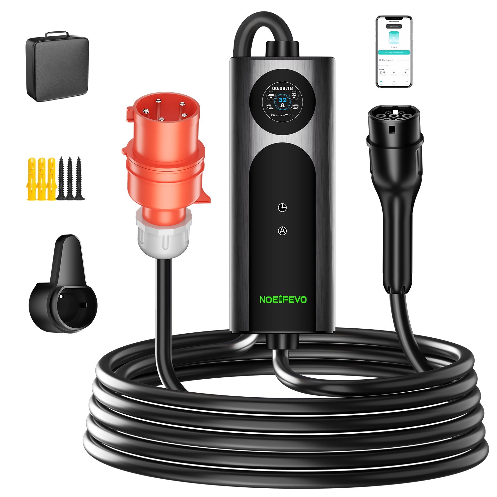 22KW 32A 3 פאזה ניידת EV Wallbox, סוג 2 מטען מהיר לרכבים חשמליים, כבל 5 מטר, CEE 32A תקע