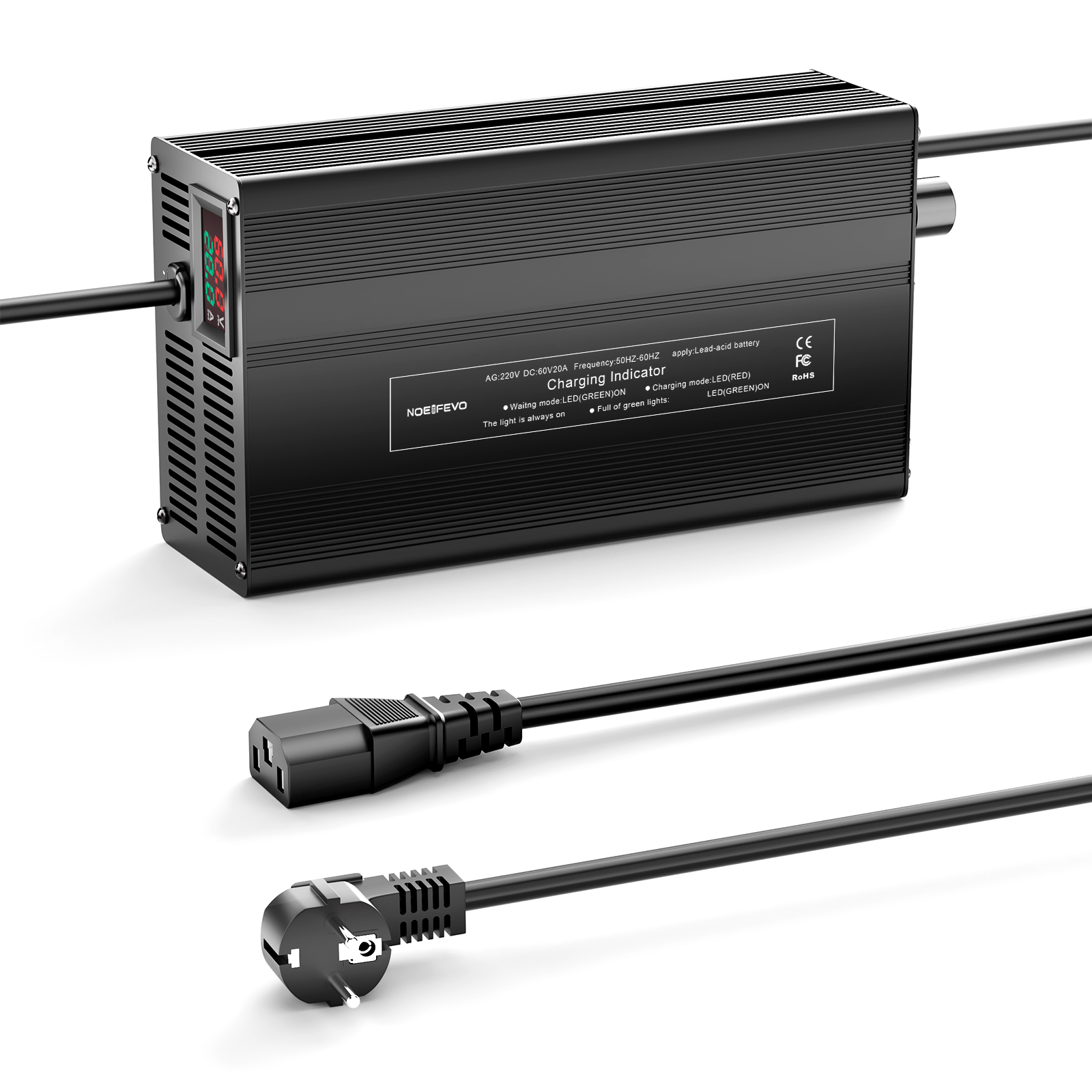 NOEIFEVO 60V 1A-20A Strøm Justerbart Batterioplader til Blysyre Batterier, AGM, Gel, Golfvogn Batterioplader, LED Skærm