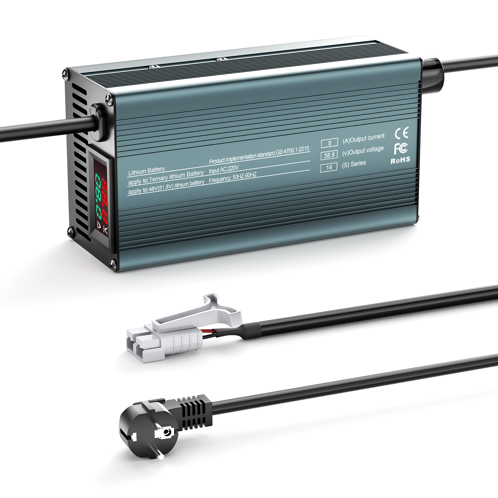 NOEIFEVO 58.8V 8A 14S Lithium-batterijlader voor 14S 51.8V Li-ion batterijen, stroominstelling 1-8A, langzaam laden en snel laden (MLC1300)