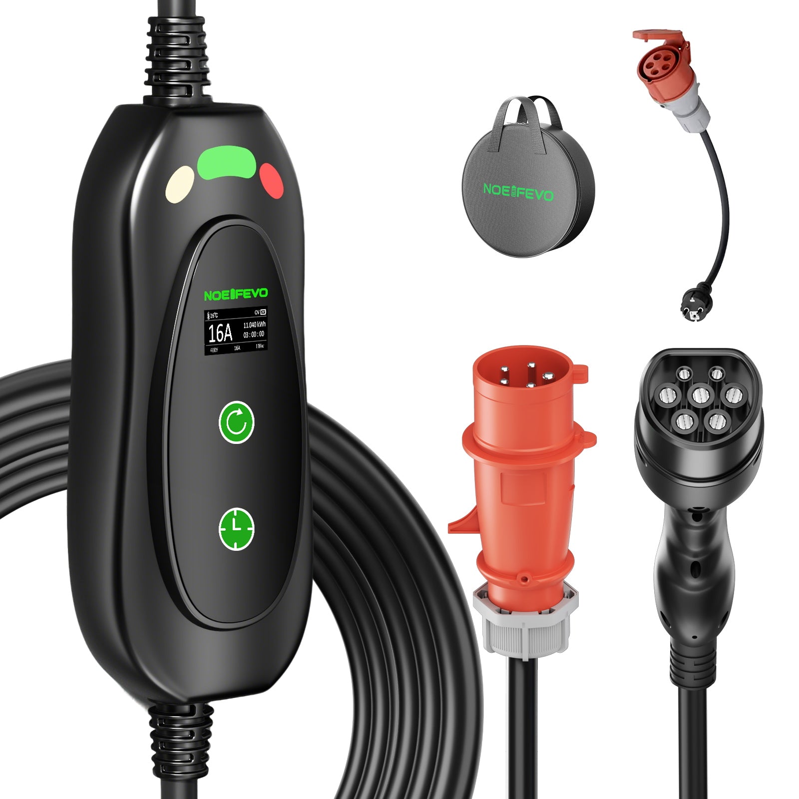 NOEIFEVO Typ2 Mobile Wallbox/Ladestation 11 kW 3-Phasen, 6-16 A Einstellbarer Ladestrom, 1-10 Stunden Verzögerungs-Ladung, CEE 16A auf Typ2 Tragbarer EV-Ladegerät , Für alle Typ2 EV & PHEV