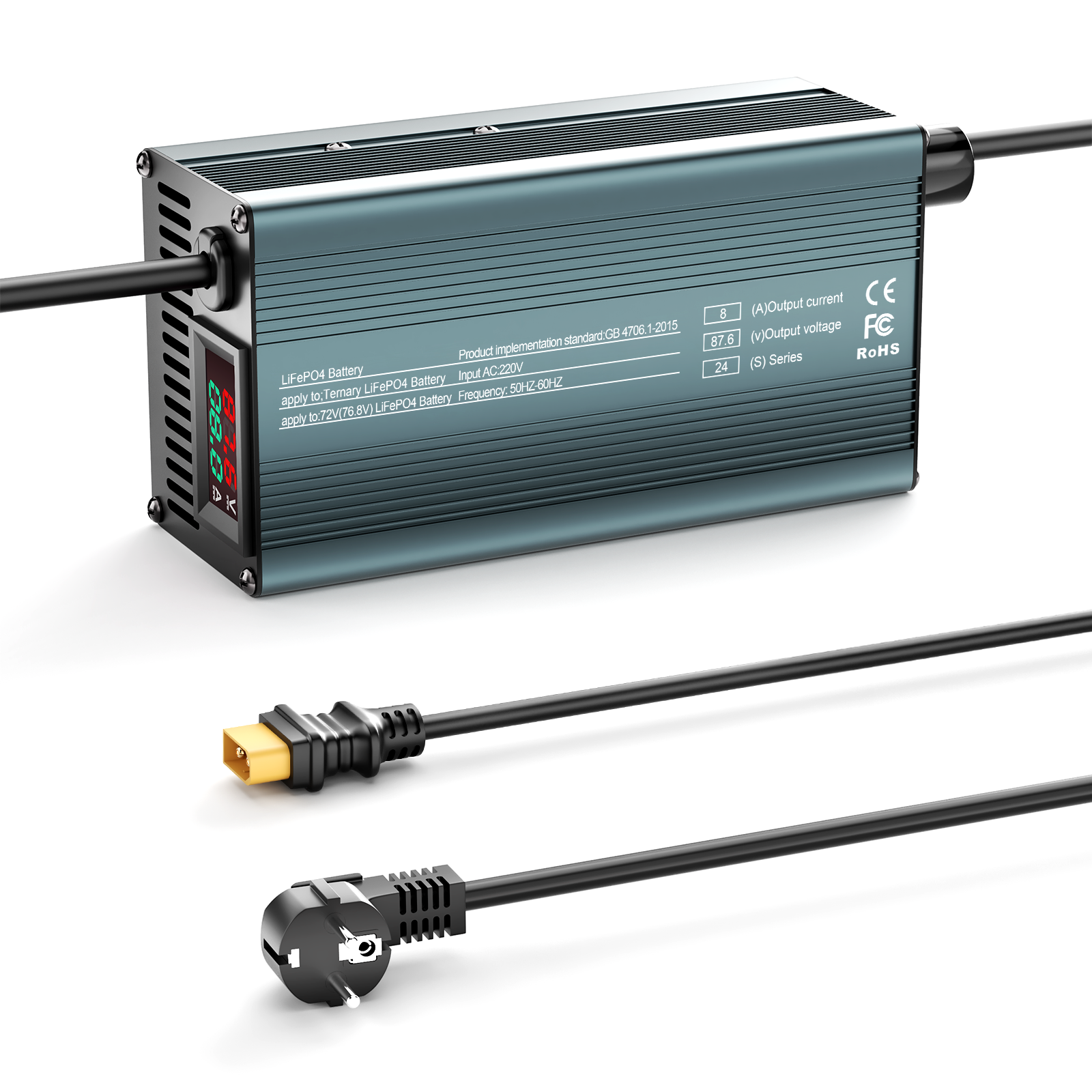 NOEIFEVO 87.6V 8A Lithium-LiFePO4-batterilader til 76.8V 24S LiFePO4-batteri, LCD-display, justerbar strøm, oplader til golfbiler, trollingmotorer, både og campingvogne