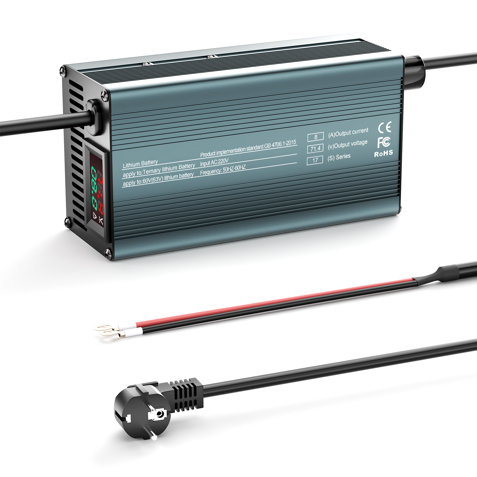 NOEIFEVO 71,4V 8A Litiumbatteriladdare för 17S 62,9V Li-Ion-batterier, Ströminställning 1-8A, långsam laddning och snabb laddning (MLC1300)