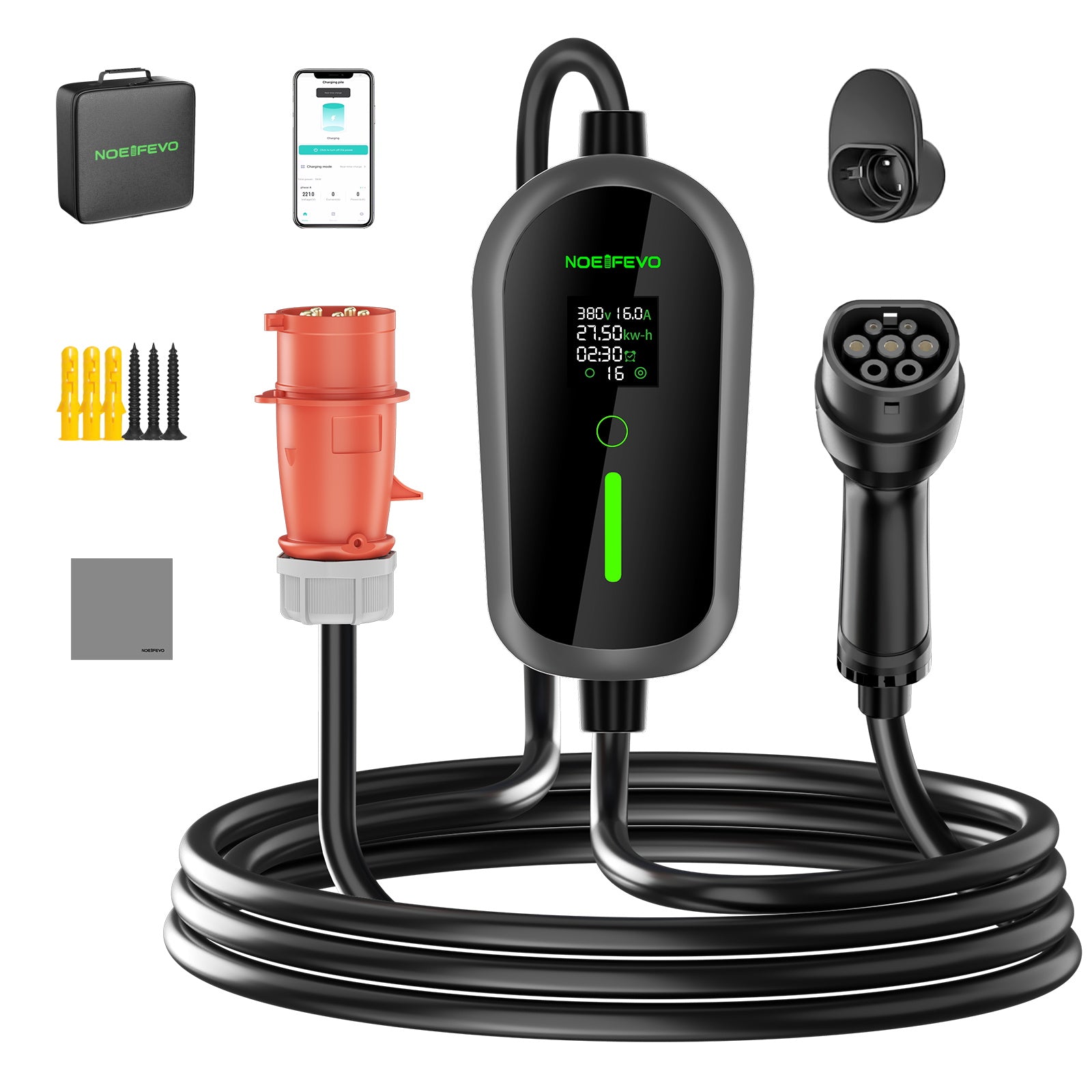 NOEIFEVO F097 11KW Wallbox Móvel EV com App, 3-fases 6-16A com Potência de Carga Ajustável, Controle Remoto via Wi-Fi, Cabo de Carregamento CEE 16A para Tipo 2 para Carregador EV