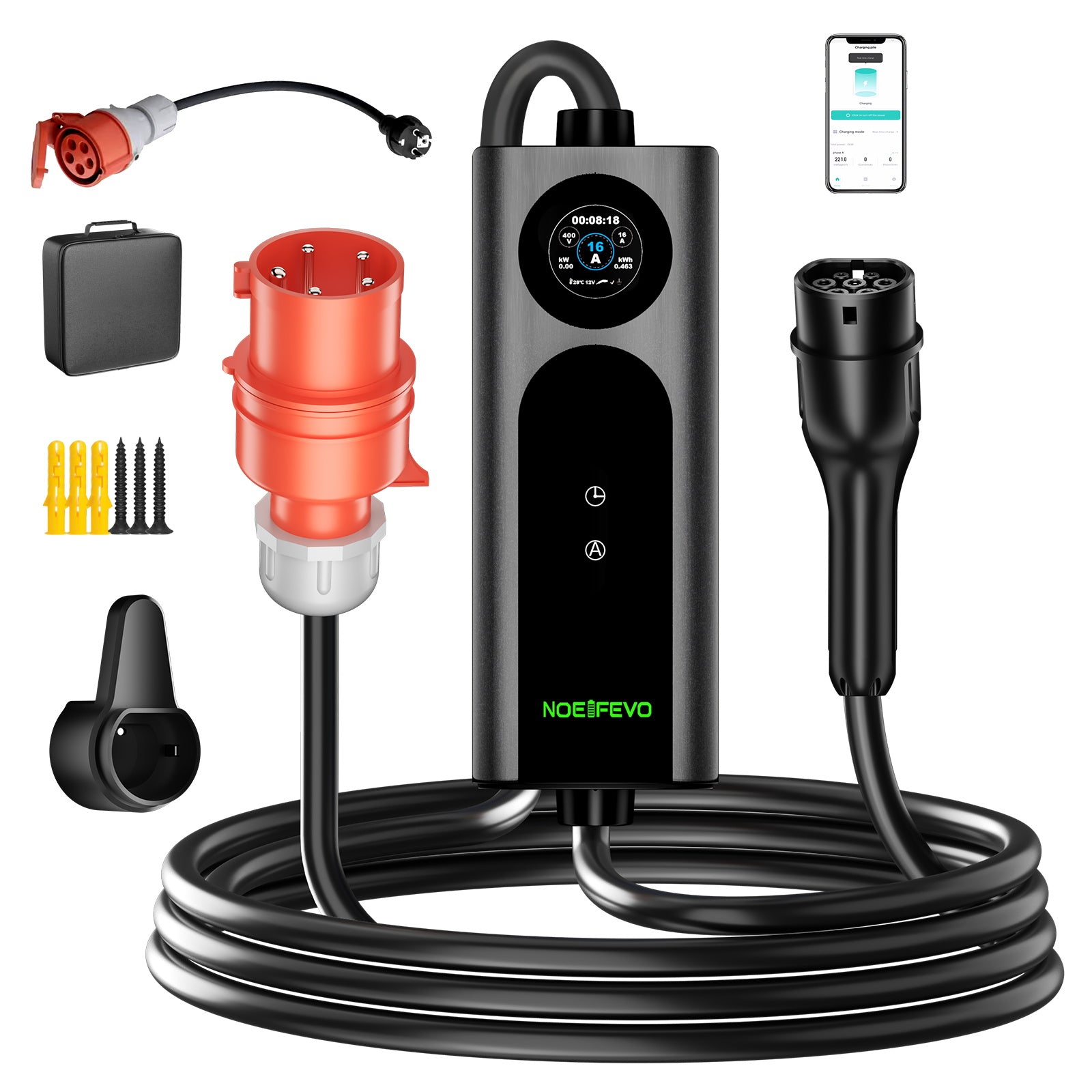 NOEIFEVO 2026 Pro mobilní wallbox 11 kW s aplikací, nabíjecí kabel pro elektromobily CEE 16A na Typ 2, 3fázová EV nabíječka pro všechny EV (IEC 62196-2) a PHEV