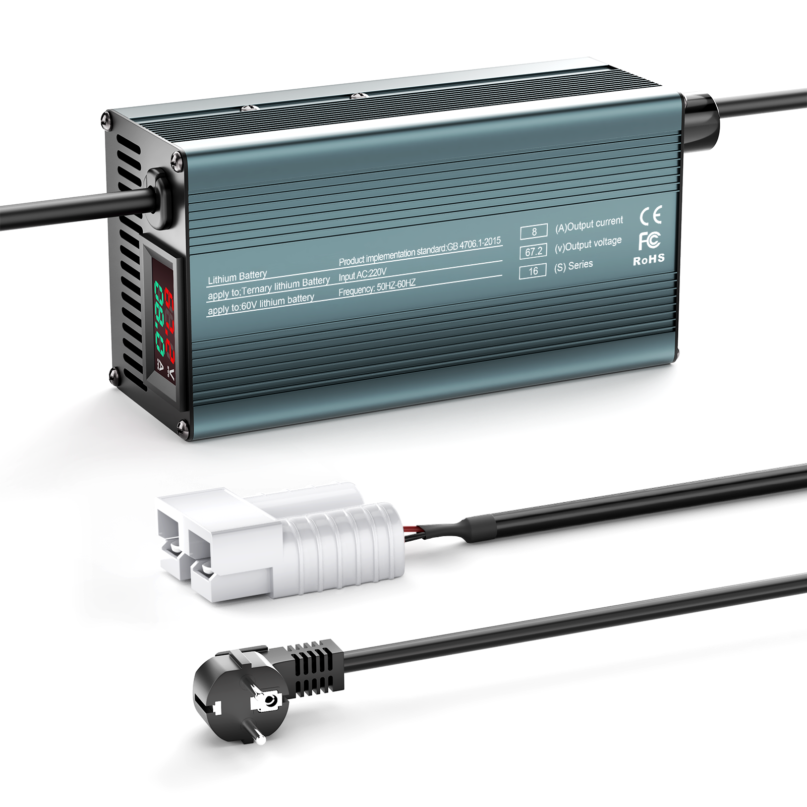 NOEIFEVO 67.2V 8A 16S Lithium-Batterijlader voor 16S 60V Li-Ion Batterijen, Stroominstelling 1-8A, Langzaam Laden en Snelle Laden (MLC1300)