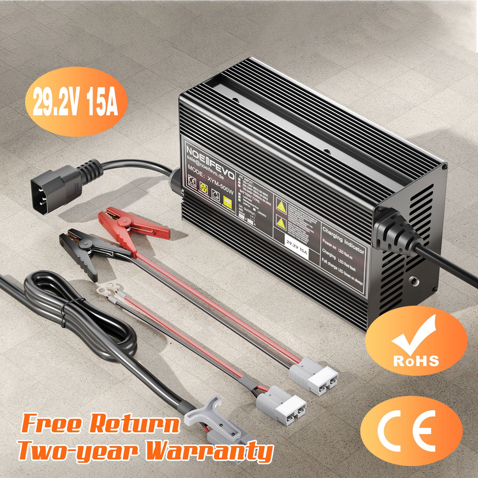 Noeifevo 29,2V 15A LiFePO4 batterilader for 24V 25,6V litiumbatteri, 0V BMS-aktivering, automatisk avstenging med full beskyttelse
​