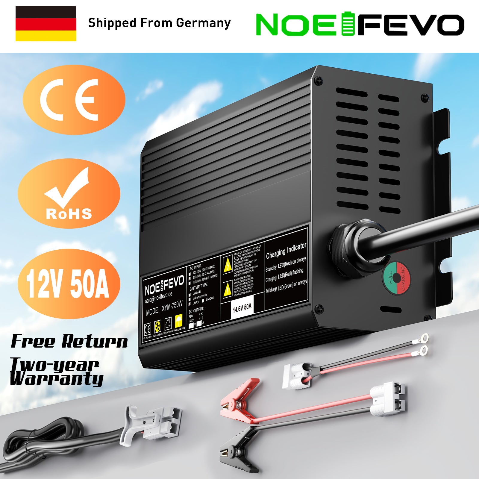 Noeifevo 14.6V 50A Snelle Lithium LiFePO4 Batterijlader voor 12V (12.8V) LiFePO4 Batterij, 0V BMS Activering, Automatische Uitschakeling met Volledige Bescherming