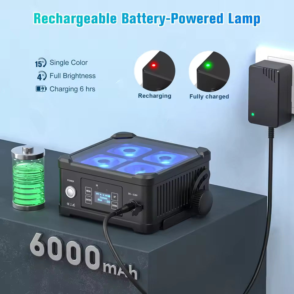 40W voděodolný LED PAR reflektor (4x10W RGBWA+UV) s vestavěnou baterií a DMX ovládáním pro DJs a diskotéky