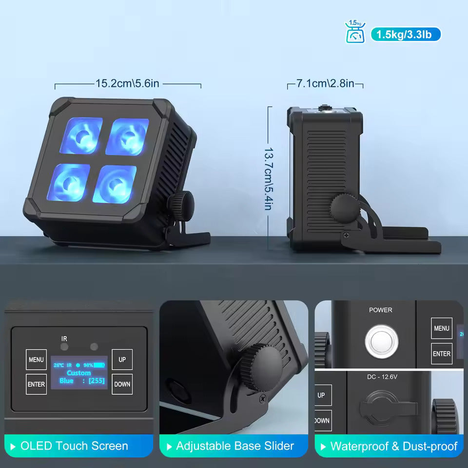 40W voděodolný LED PAR reflektor (4x10W RGBWA+UV) s vestavěnou baterií a DMX ovládáním pro DJs a diskotéky