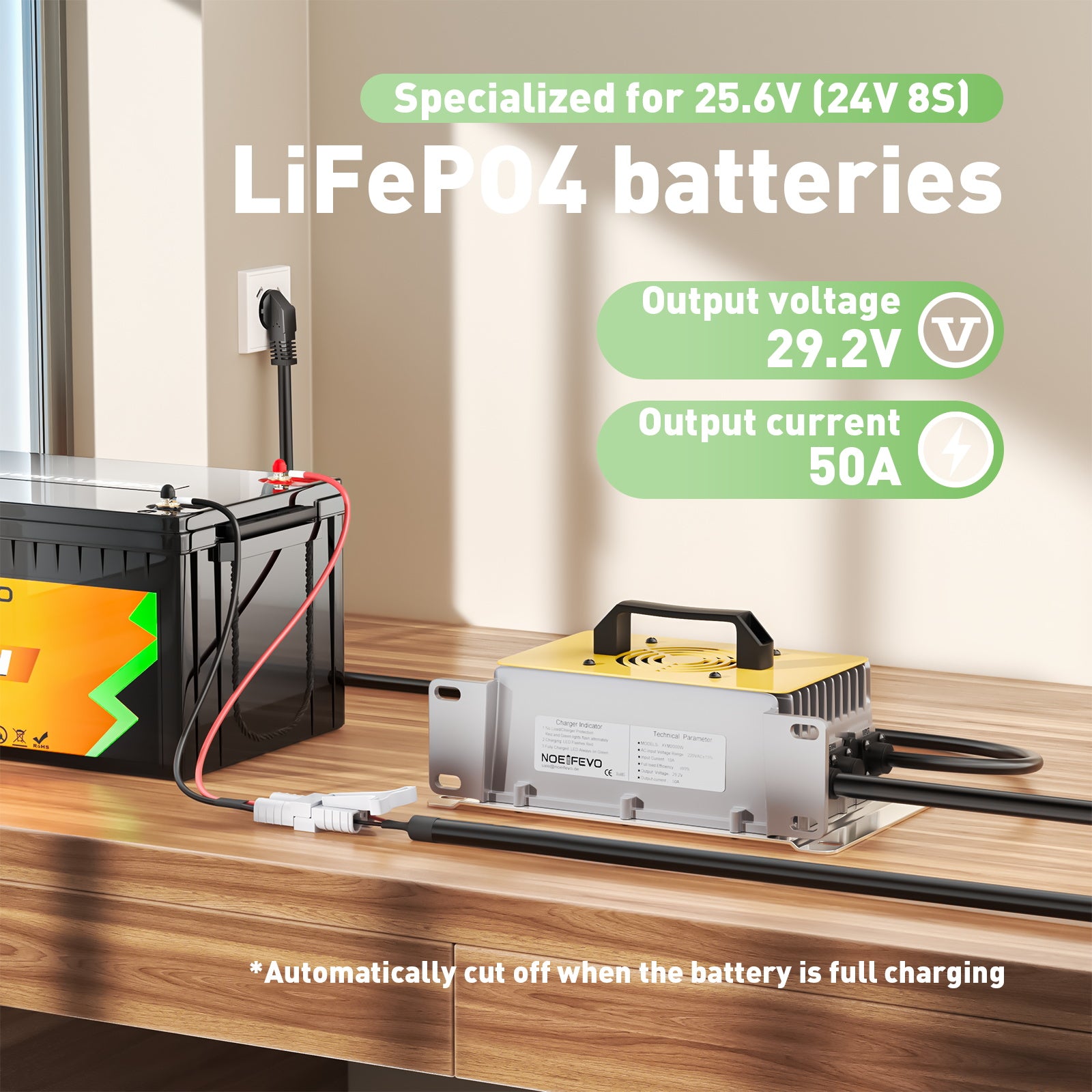 NOEIFEVO 29.2V 50A LiFePO4 acculader voor 24V 25.6V LiFePO4 accu, waterdicht, 0V BMS activeren