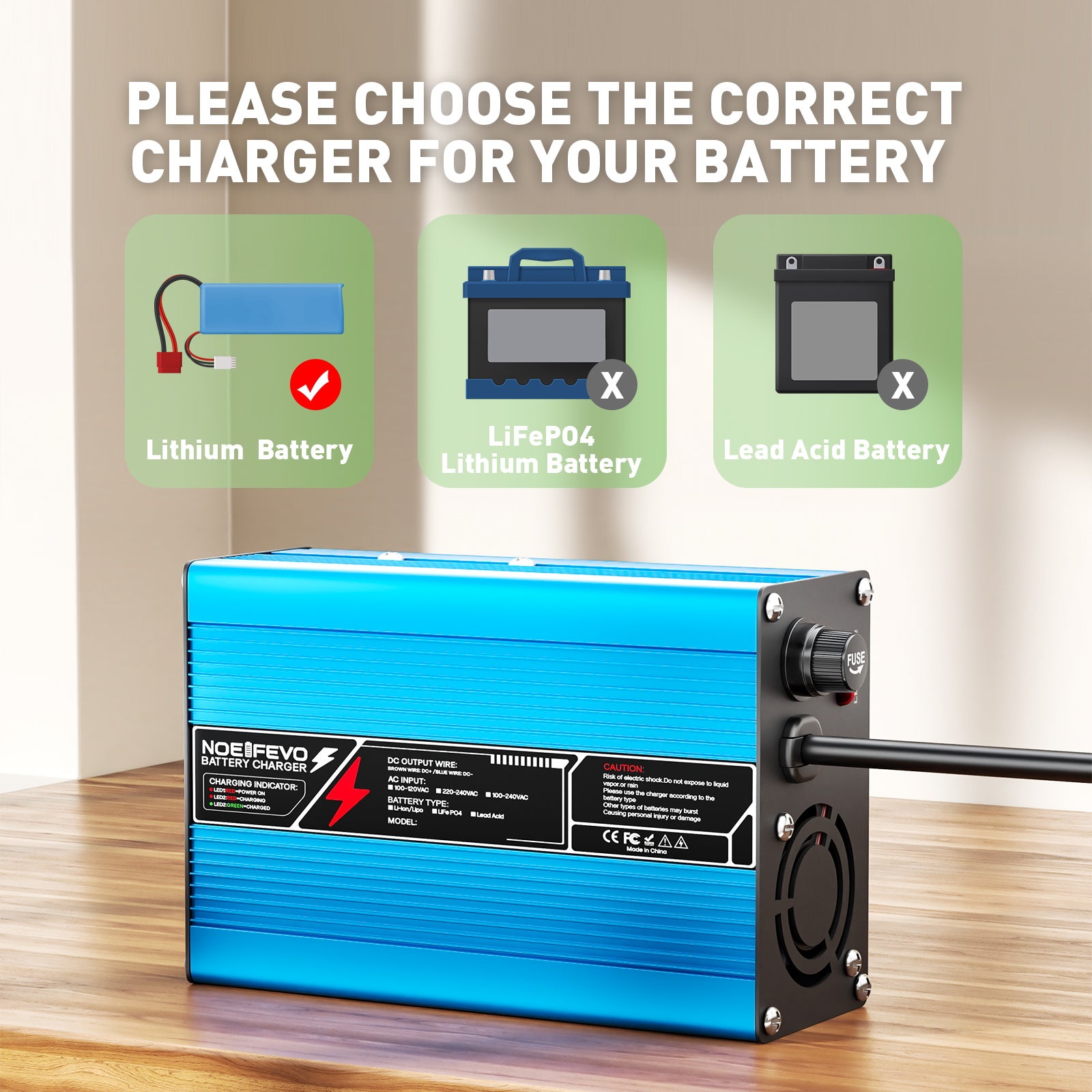 NOEIFEVO 27.6V-29.4V 5A bly-syrabatteriladdare för 24V bly-syrabatteri, kylfläkt, automatisk avstängning (BLÅ).