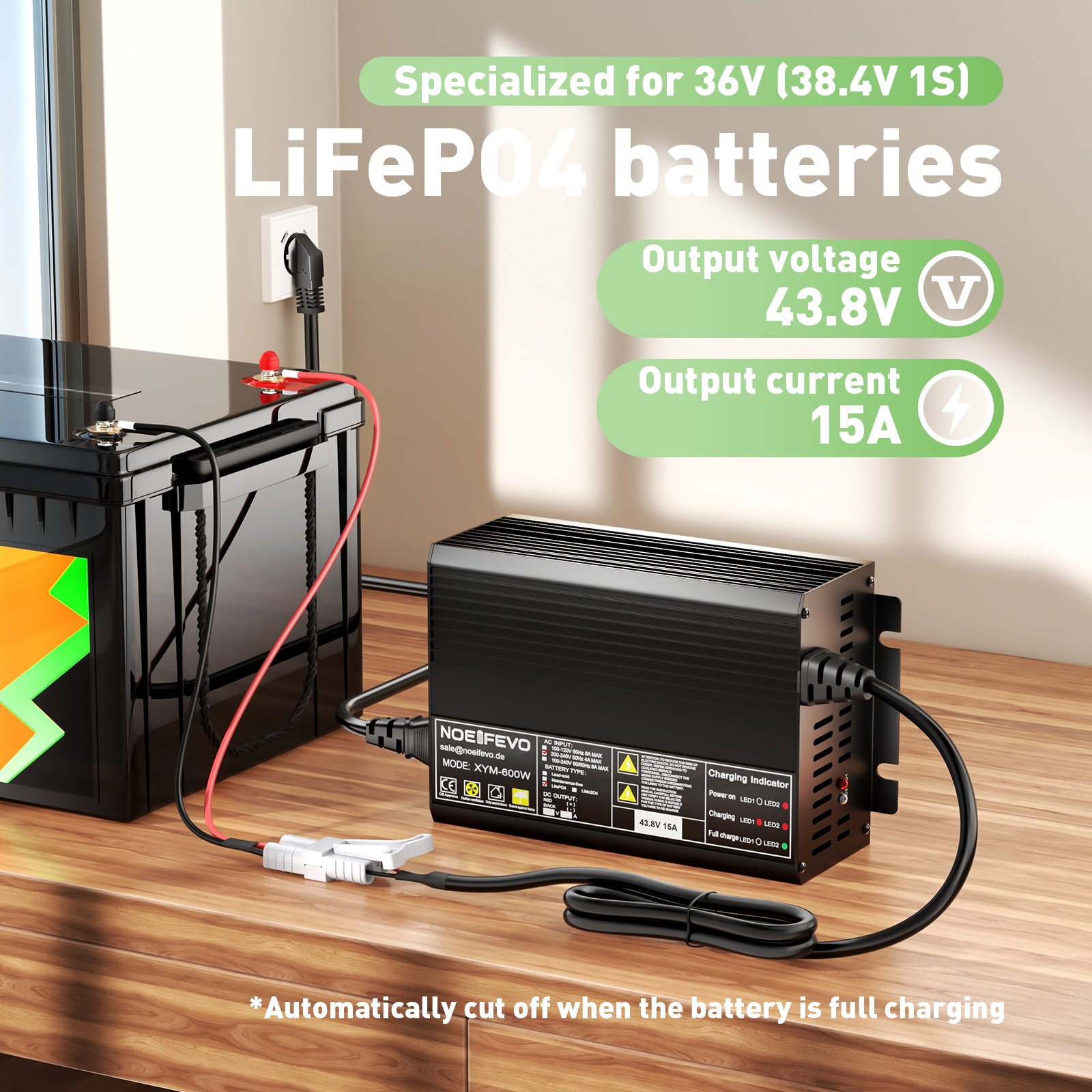 Noeifevo 43.8V 15A LiFePO4 batteriladdare för 36V 38.4V 12S LiFePO4 batteri