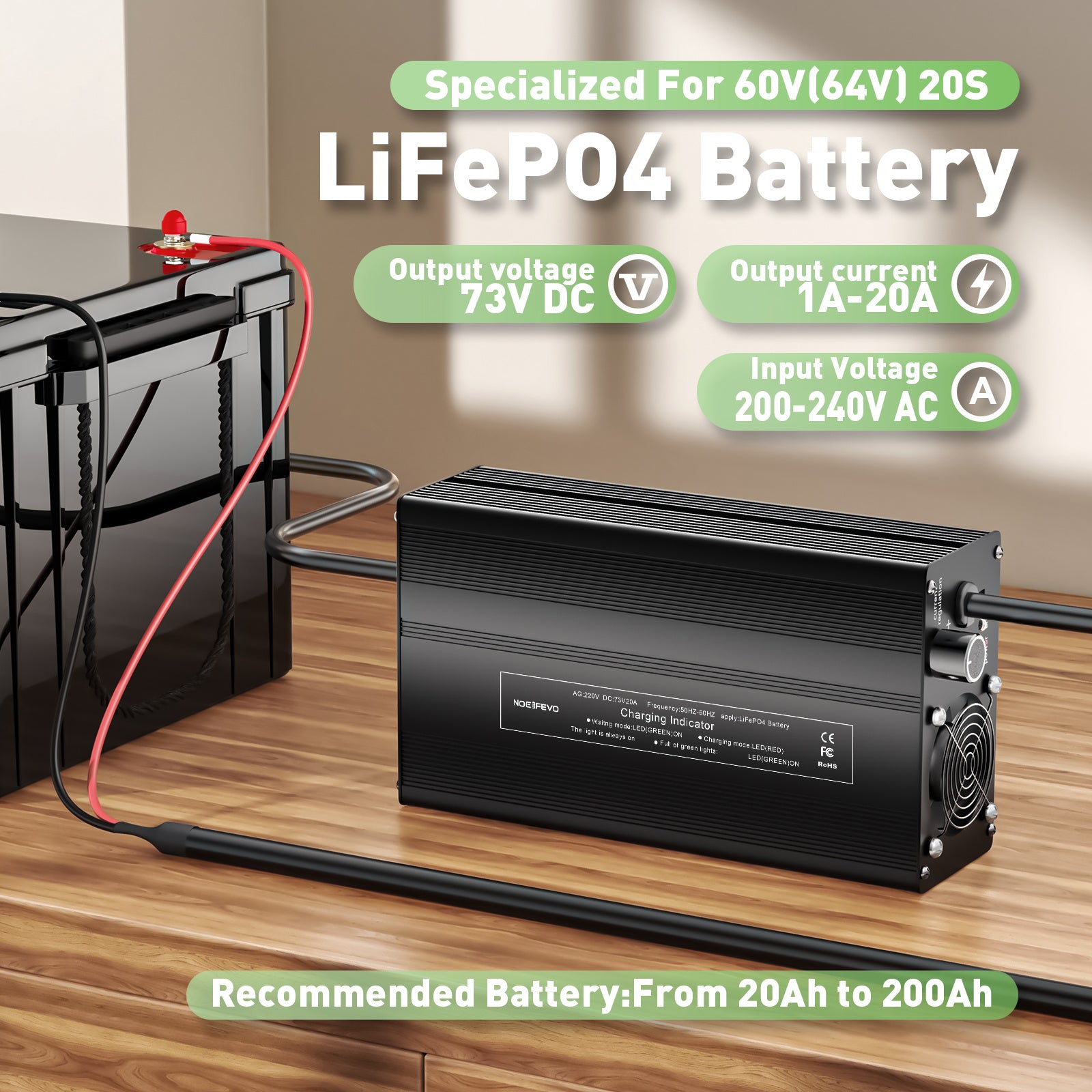 מטען סוללות ליתיום-LiFePO4 NOEIFEVO 73V 20A עבור סוללת LiFePO4 60V 64V 20S, תצוגת LCD, זרם מתכוונן, מטען למנוע גרירה, סירה וקמפינג-קאר.