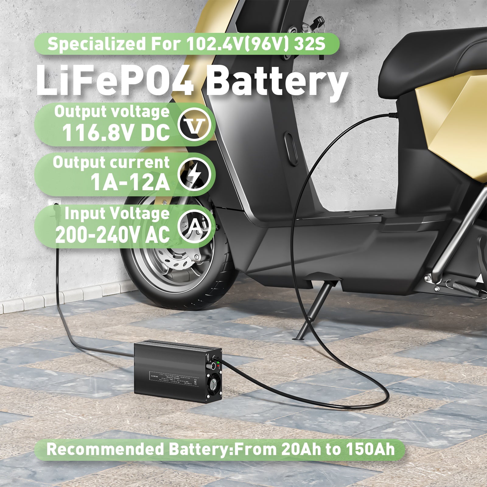 NOEIFEVO 116.8V 1A-12A LiFePO4 batterilader, egnet til 102.4V (96V) 32S LiFePO4 batteri, LCD-display, justerbar strøm