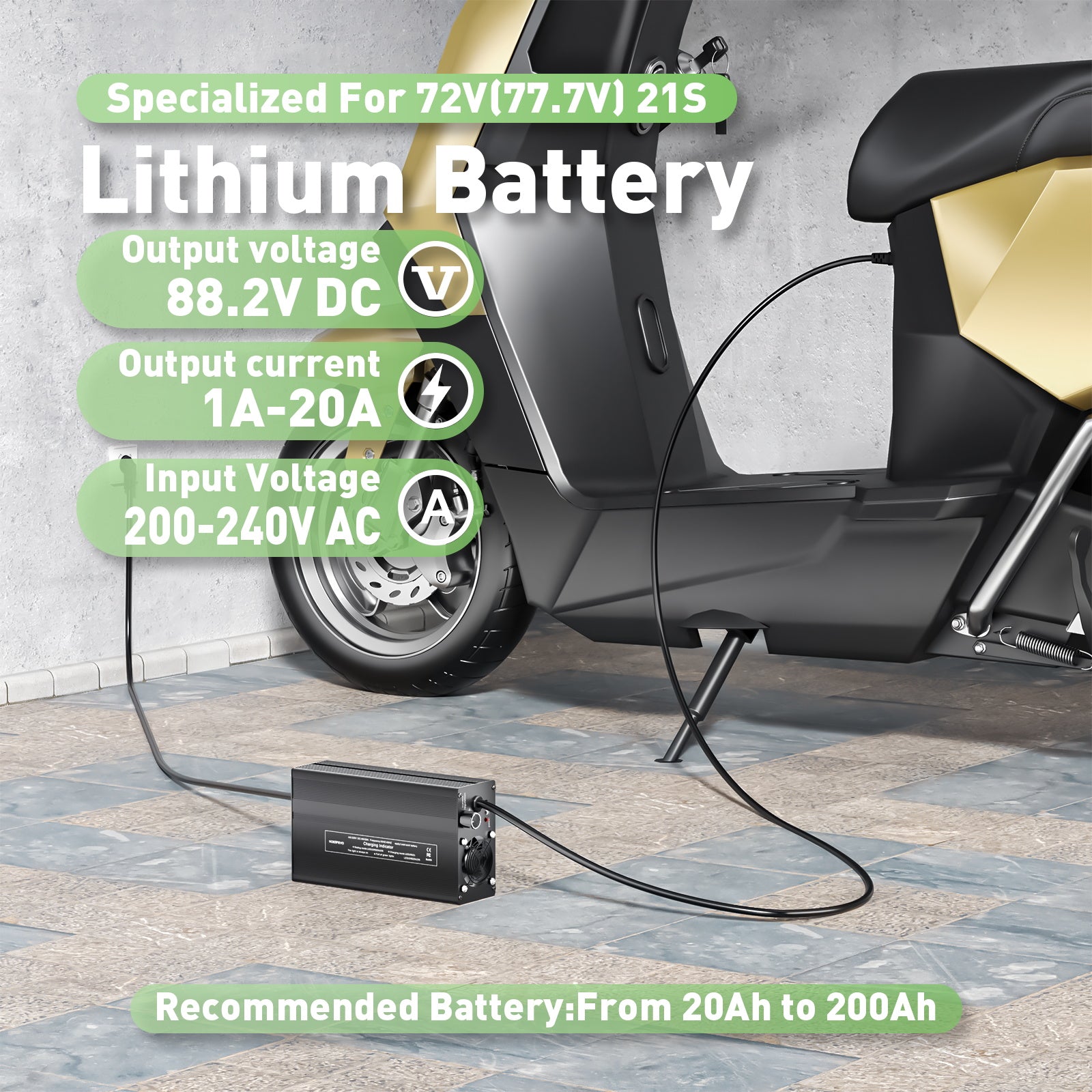 NOEIFEVO 88.2V 20A Lithium-baterie nabíječka pro 77.7V 21S Lithium-Li-Ion-Lipo-baterii, LCD displej, nastavitelný výkon, nabíječka pro E-kolo, skútr, elektrické motocykly