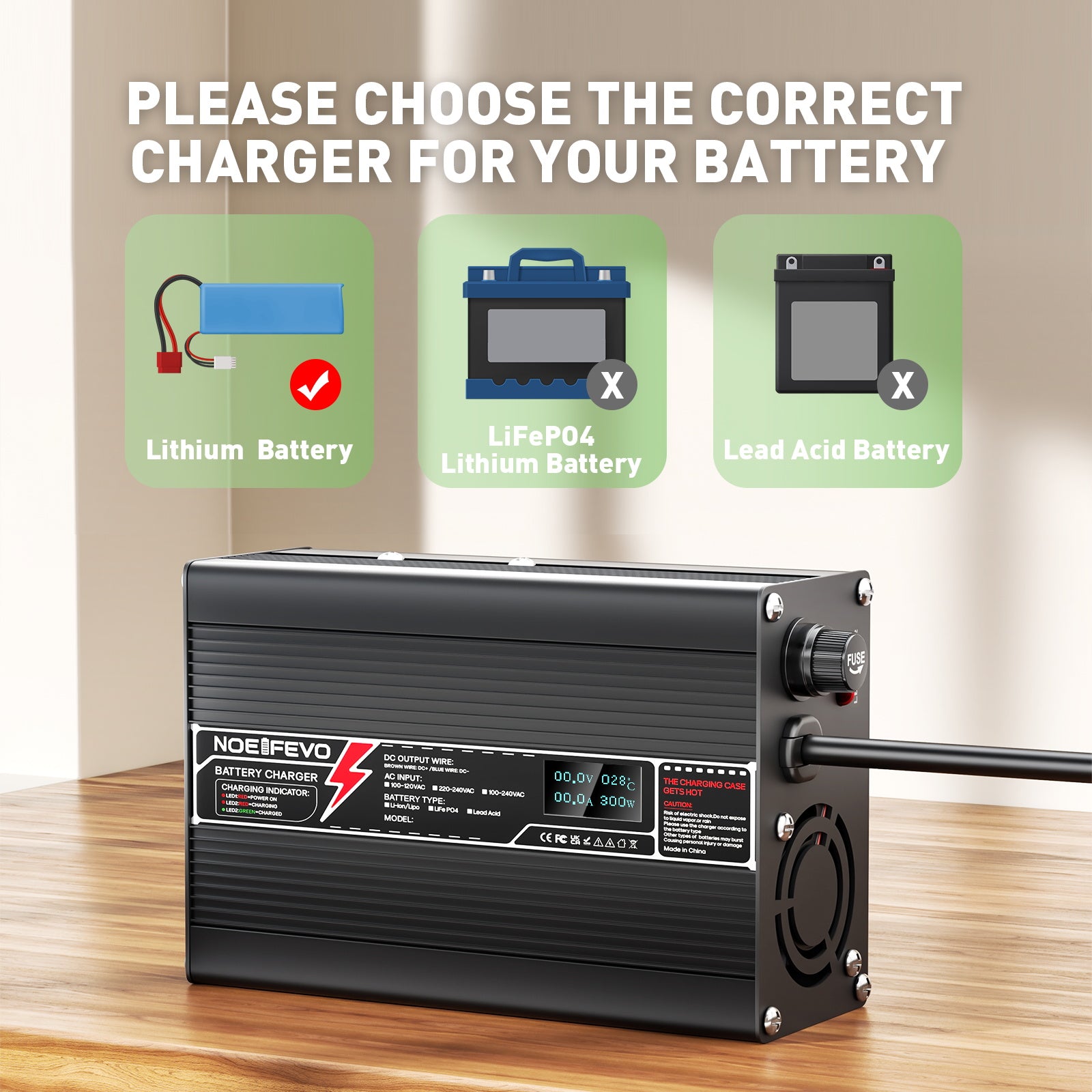 NOEIFEVO 55.2V-58.8V 3A bly-syrabatteriladdare för 48V bly-syrabatteri, med LCD-display, kylfläkt, automatisk avstängning