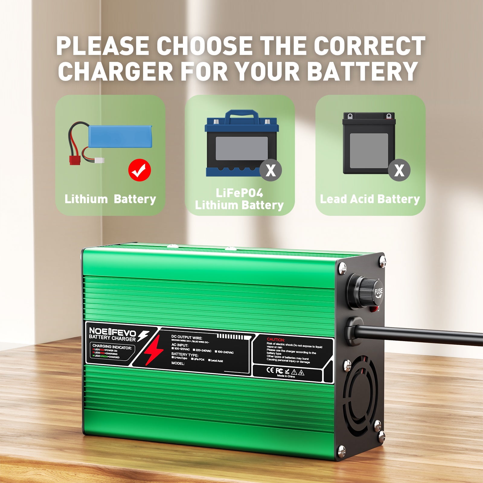 NOEIFEVO 42V  2A 3A 3.5A 4A litiumladdare för 10S 37V Li-Ion Lipo-batterier, kylfläkt, automatisk avstängning (GRÖN)