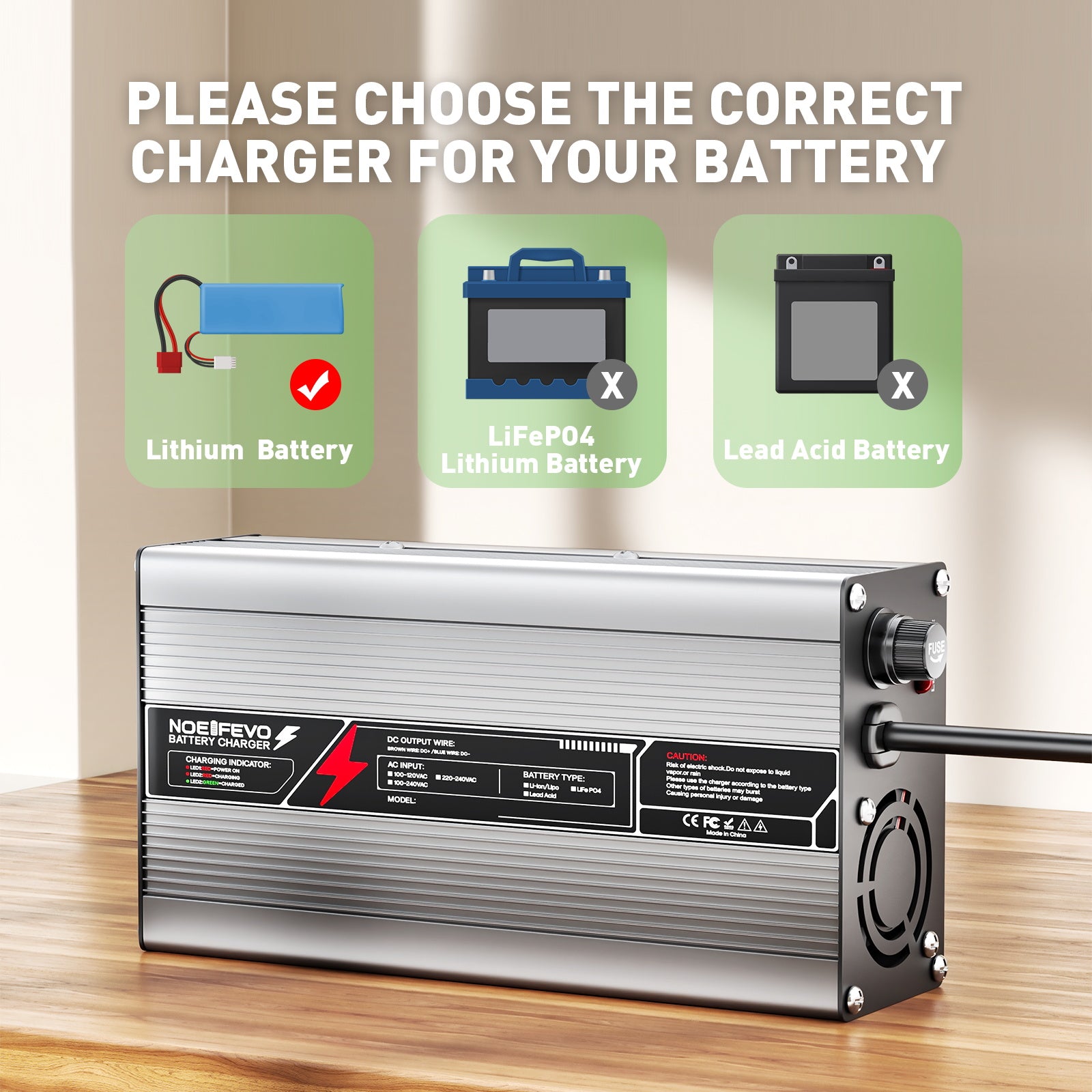 NOEIFEVO 14,6V 20A LiFePO4 batterilader til 12V (12,8V) 4S-batteri, automatisk slukning, aluminiumhus, med blæser (sølv)