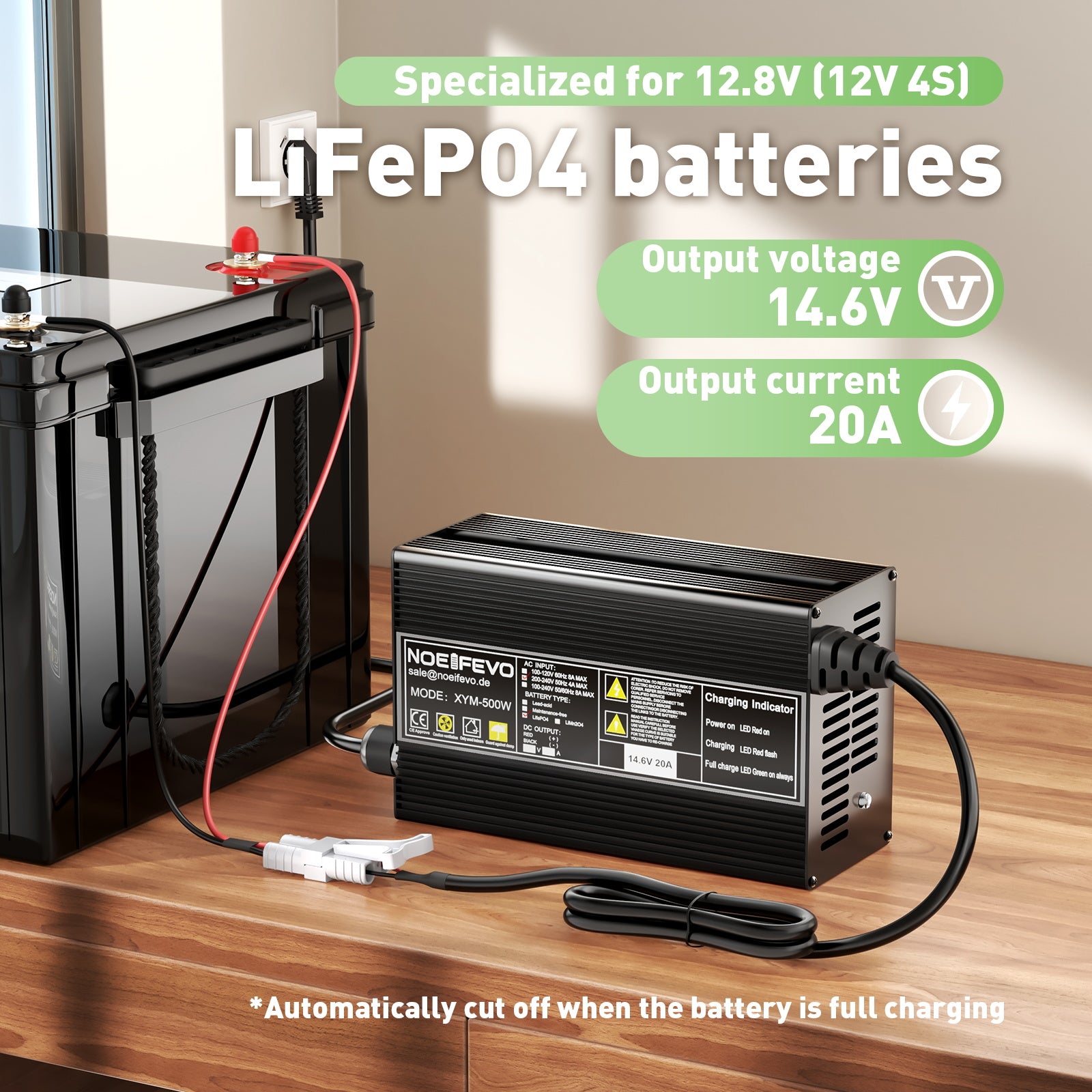 Noeifevo 14,6 V 20 A LiFePO4 batería  de Cargador para batería de litio LiFePO4 de 12 V y 12,8 V, activación BMS de 0 V, apagado automático, carcasa de aleación de aluminio