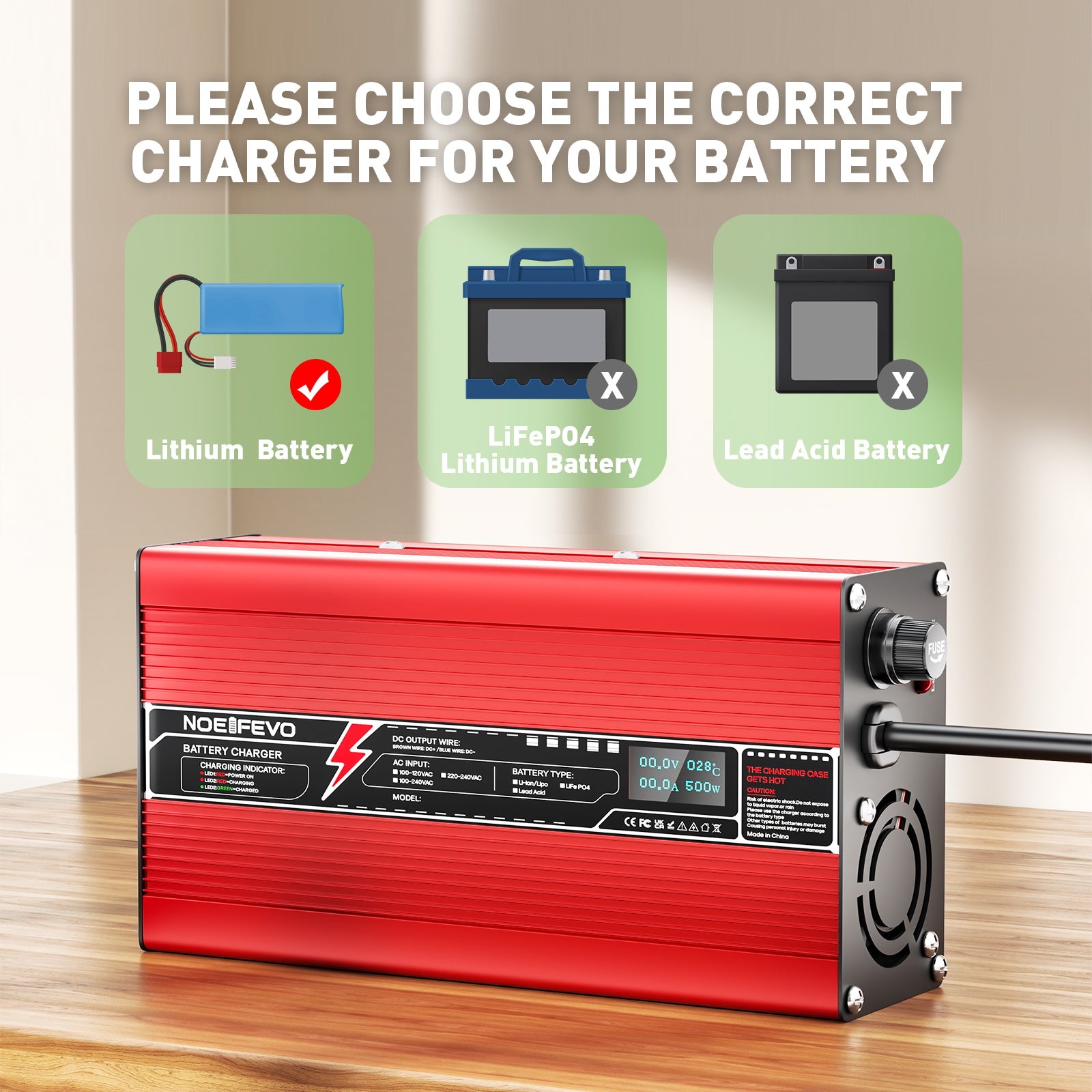 NOEIFEVO 48V 8A Bly-syrabatteriladdare, laddspänning 55,2V-58,8V, automatisk avstängning, OLED-display, aluminiumhölje, med fläkt