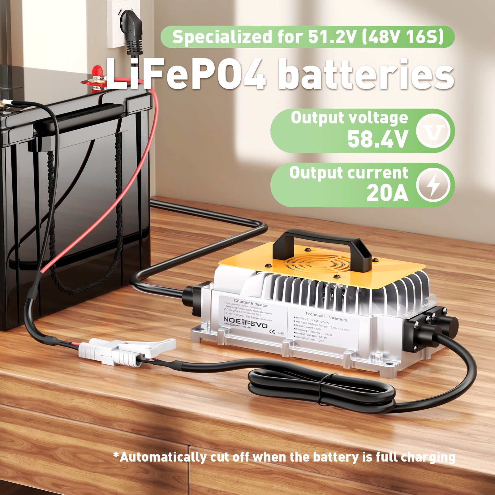 NOEIFEVO 58,4V 20A Lithium Lifepo4 nabíjačka batérií pre 48V (51,2V)16S batériu, vodotesná, 0 V BMS aktivácia, automatické vypnutie s plnou ochranou