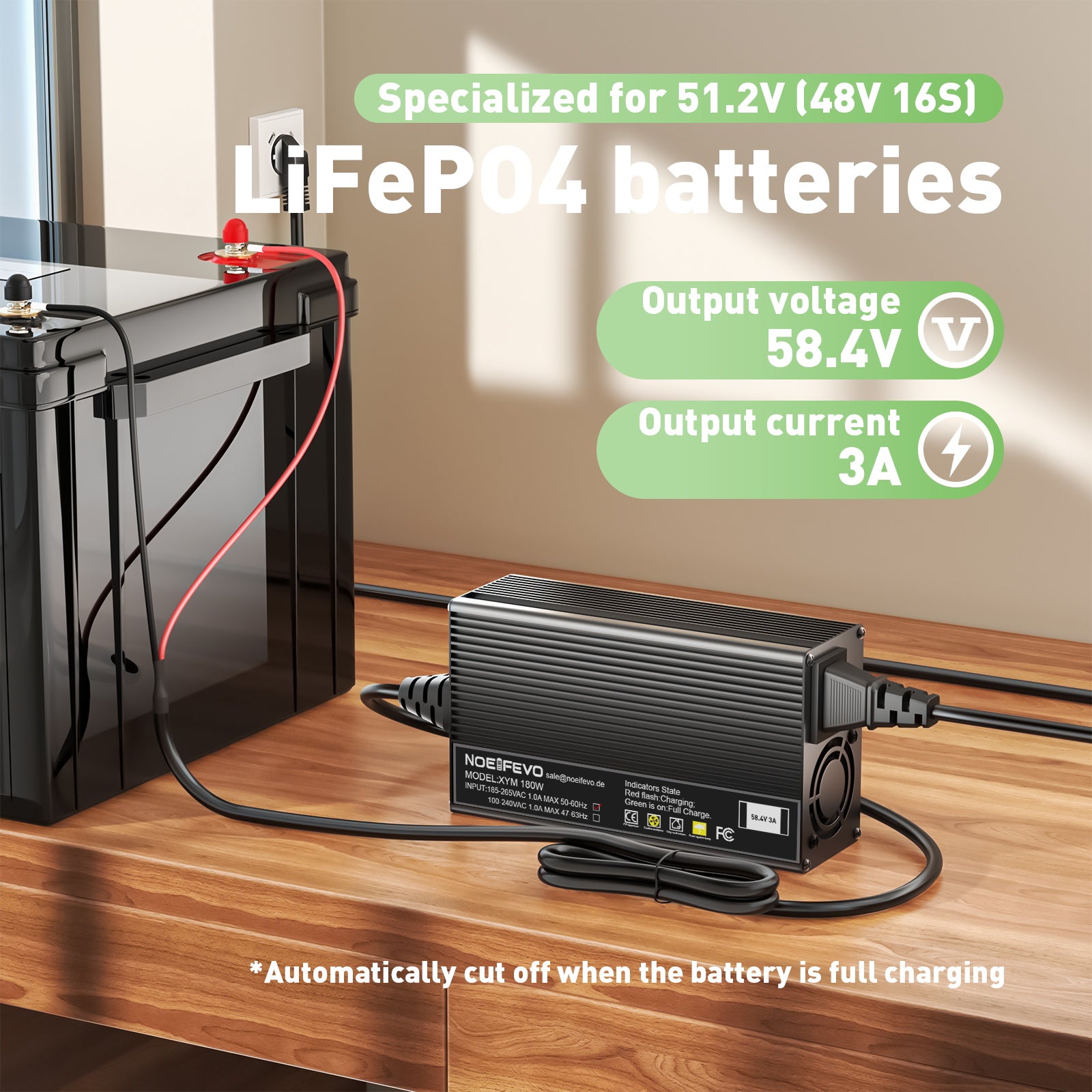 Noeifevo 58.4V 3A LiFePO4 batteriladdare för 48V 51.2V 16S LiFePO4 batteri, XLR/IEC/XT60/Anderson 50A/M8