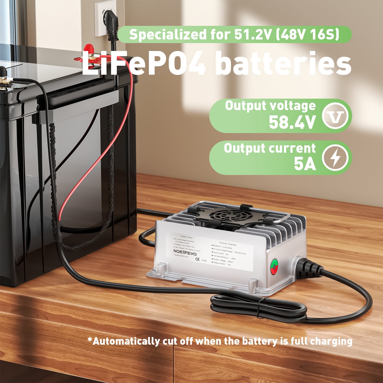 NOEIFEVO 58.4V 5A Wasserdicht LiFePO4 Akku-Ladegerät für 51.2V(48V) 16S LiFePO4 Akku