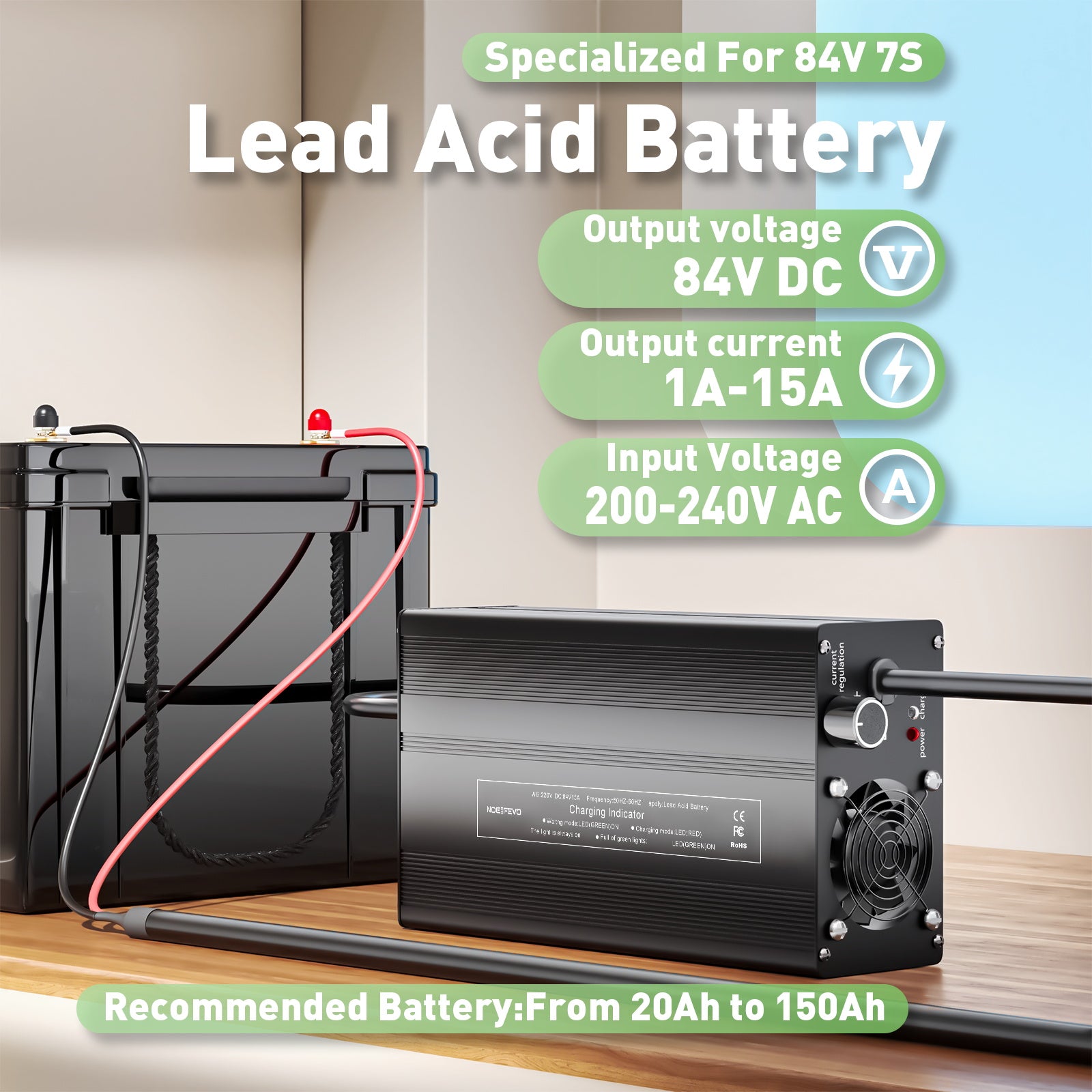 NOEIFEVO 84V 15A Loodzuurbatterij - Oplader, geschikt voor 84V 7S Loodzuurbatterijen, LCD-scherm, instelbare stroom.