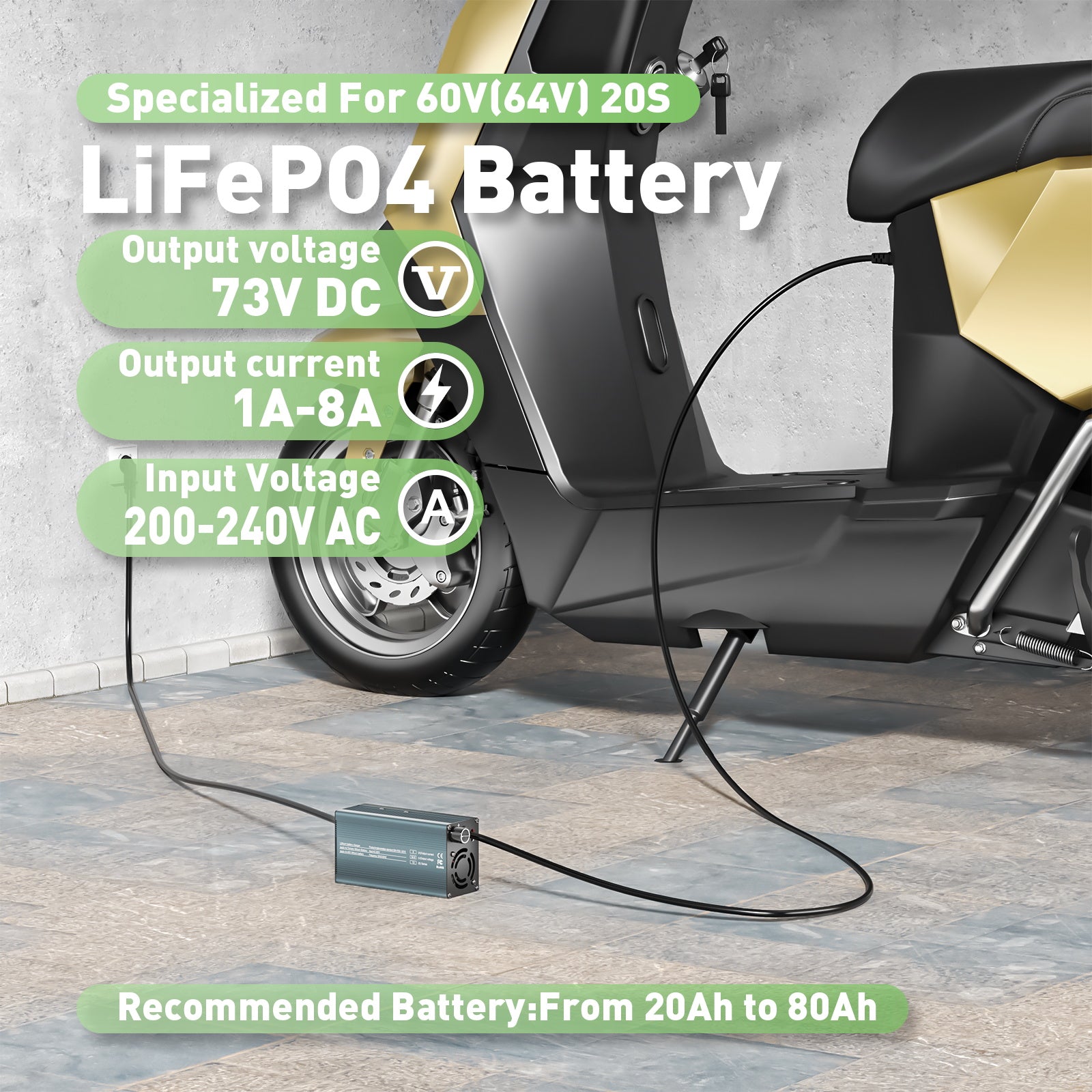 NOEIFEVO 73V 8A Lithium-LiFePO4 nabíjačka pre 64V 20S LiFePO4 batérie, LCD displej, nastaviteľný prúd, nabíjačka pre golfové vozíky, trollingové motory, člny a karavány