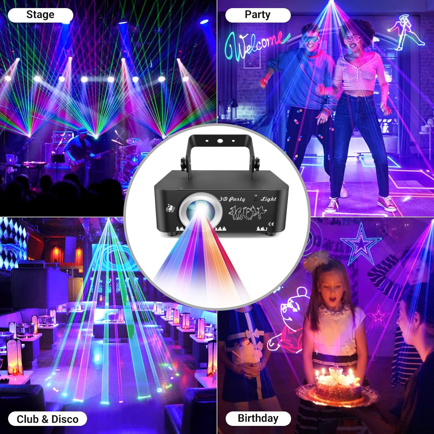 DJ Discolight-partylys, 3D RGB animations-diskolys med fjernbetjening, partylys med DMX, musikstyret beam-effekt scenelys til fest, festival, klub, scene, belysning, show