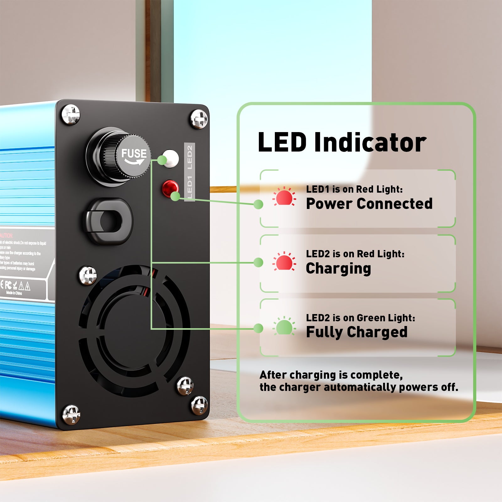 מַטְעֵן ליתיום NOEIFEVO 54.6V 3A עבור סוללות Li-Ion Lipo 13S 48.1V, מאוורר קירור, כיבוי אוטומטי (כחול)