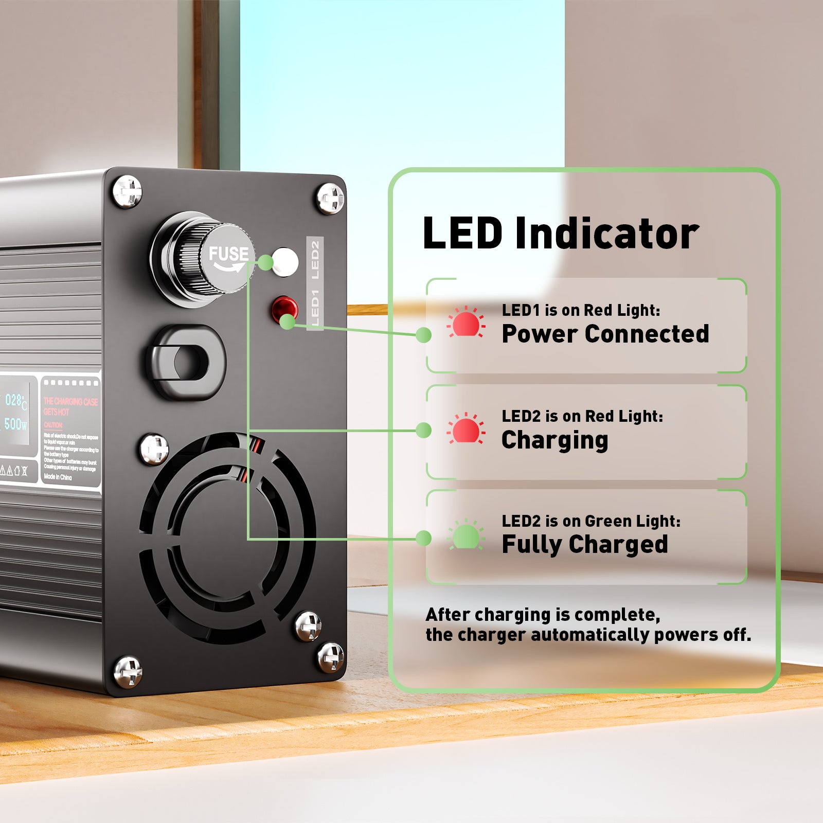 NOEIFEVO 58,8V 8A Lithium-oplader til 14S 51,8V batteri, LED-display, aluminiumsgehus, blæser