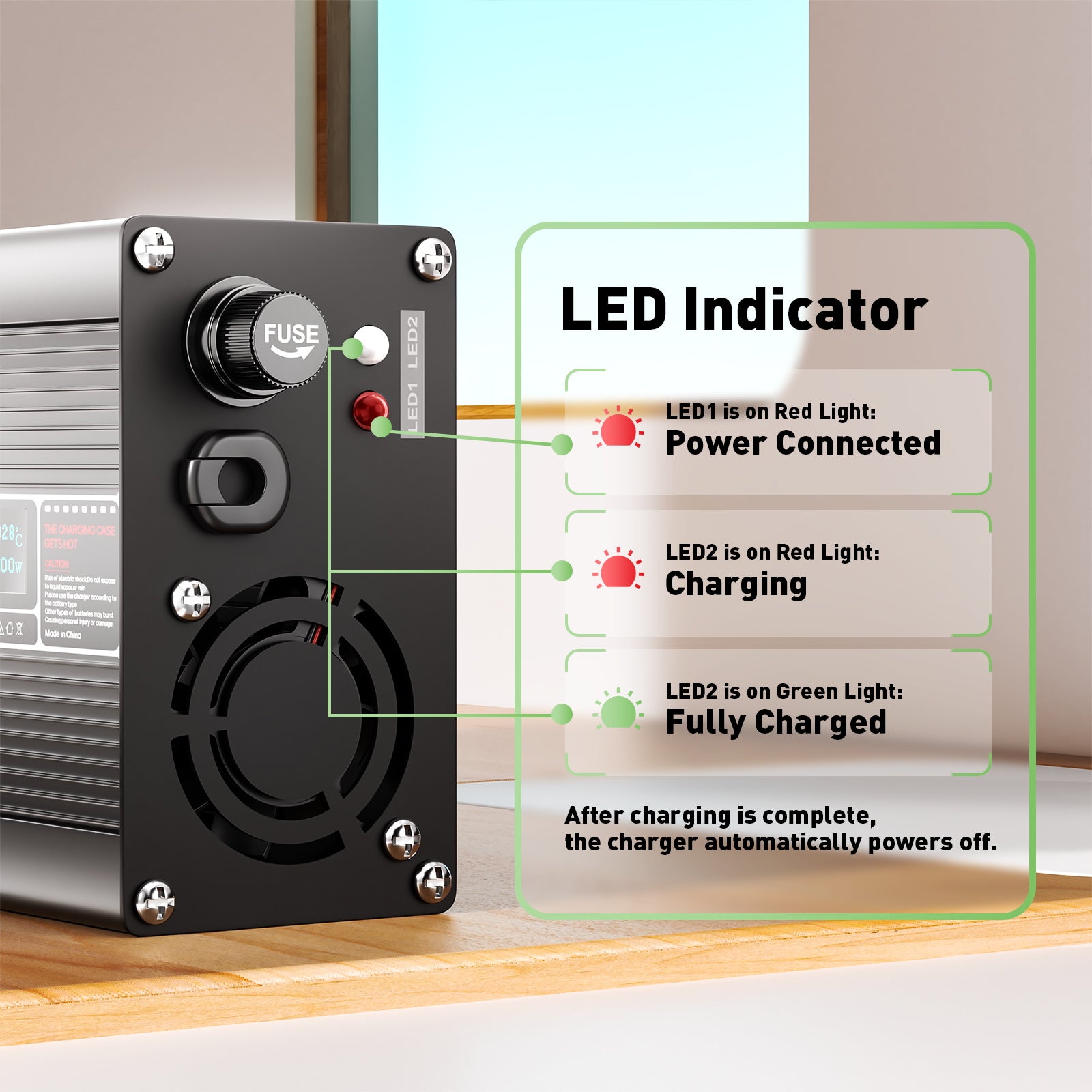 NOEIFEVO 36.5V 4A caricabatterie LiFePO4 per batterie LiFePO4 10S 32V, ventilatore di raffreddamento, spegnimento automatico (NERO)