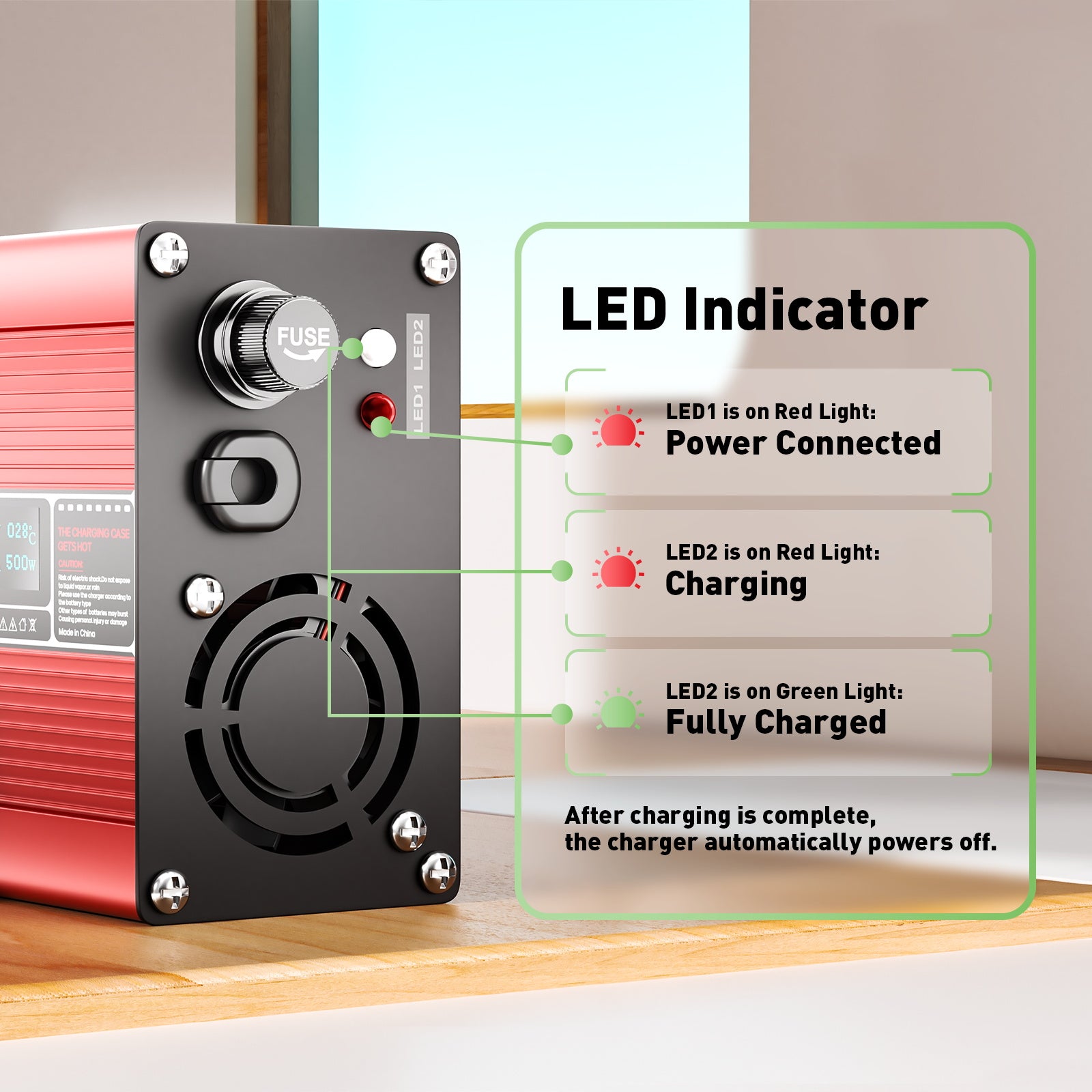 NOEIFEVO 48V 8A Blei-Säure-Batterieladegerät, Ladespannung 55.2V-58.8V, automatische Abschaltung, OLED-Display, Aluminiumgehäuse, mit Lüfter