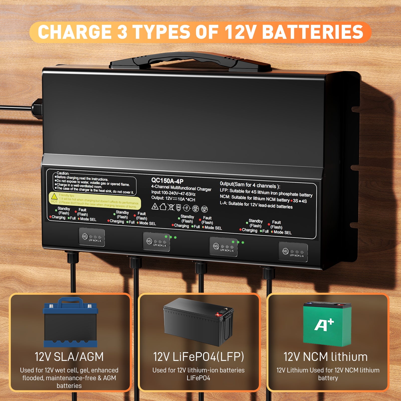 NOEIFEVO 12V 40A 4-banks (10A/bank) universel batterilader, 12V vandtæt LiFePO4 lithium-blybatterilader til campingvogn, båd, motorcykel, plæneklipper, trollingmotor og blybatteri