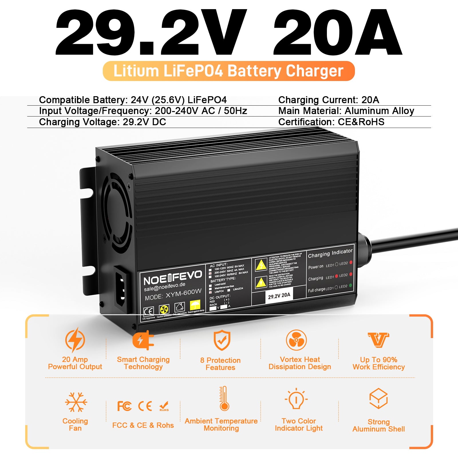 Noeifevo 29,2V 20A LiFePO4 batterilader for 24V 25,6V litiumbatteri, 0V BMS Aktiver, automatisk avstenging med full beskyttelse