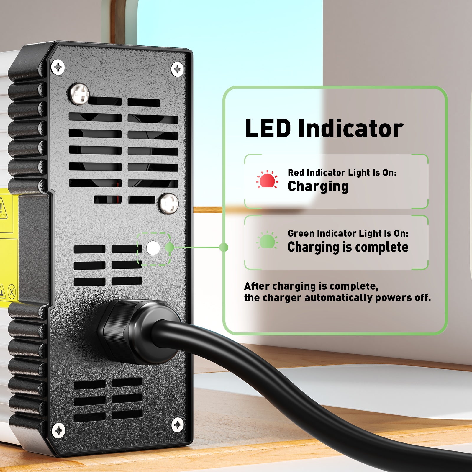 NOEIFEVO 71.4V 5A Lithium-životnostní nabíječka pro 17S 60V 62.9V lithium baterii, s chladicím ventilátorem, automatické vypnutí.