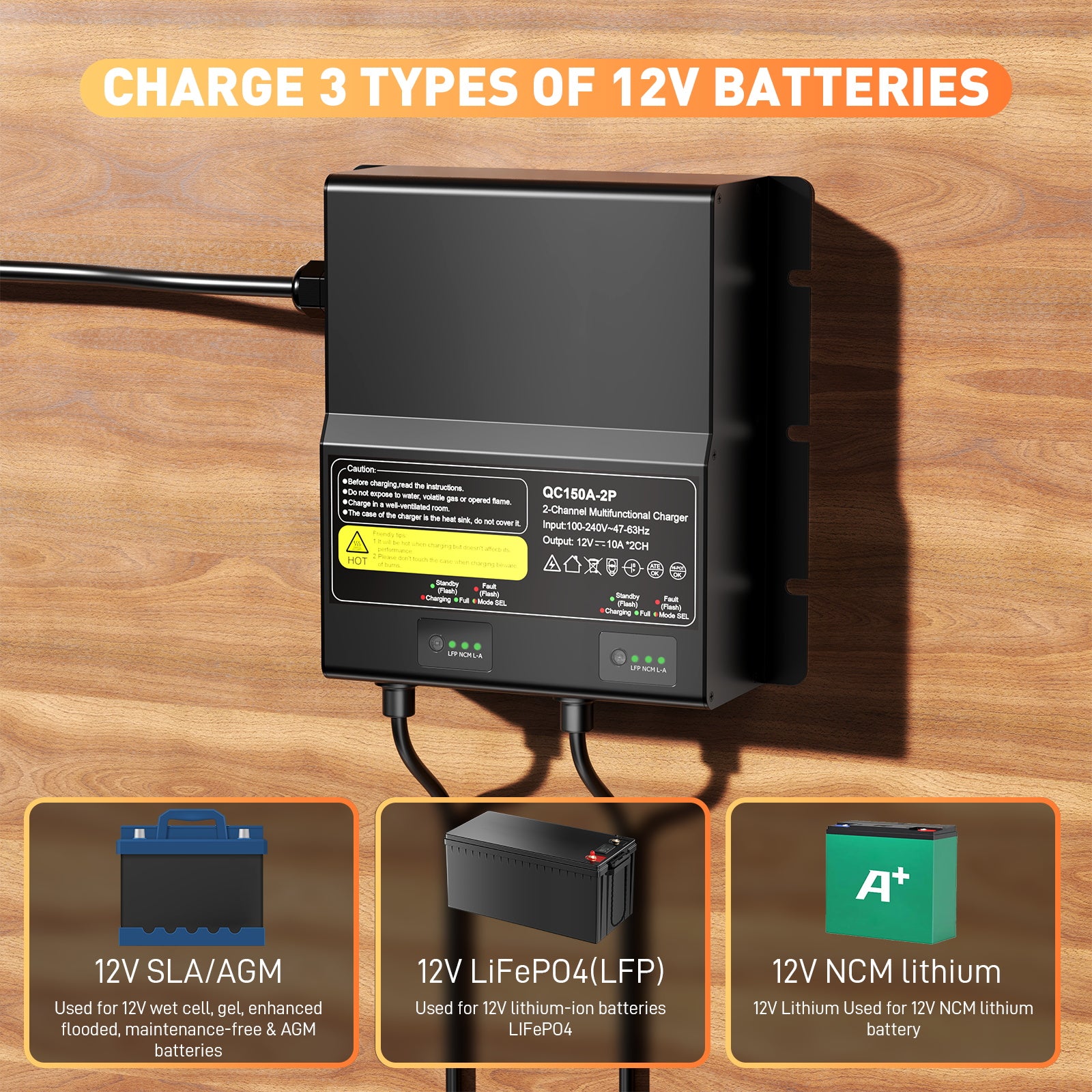 NOEIFEVO 12V 20A 2-bank (10A/bank) universell batteriladdare, 12V vattentät LiFePO4-litium-bly-syra laddare för husbil, båt, motorcykel, gräsklippare, trollingmotor och bly-syrabatteri