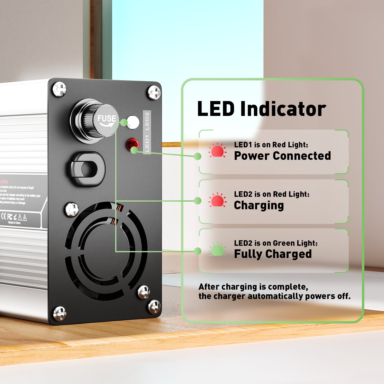 NOEIFEVO 36.5V 10A LiFePO4 מטען סוללה לסוללה 32V 10S, כיבוי אוטומטי, בית אלומיניום, עם מאוורר