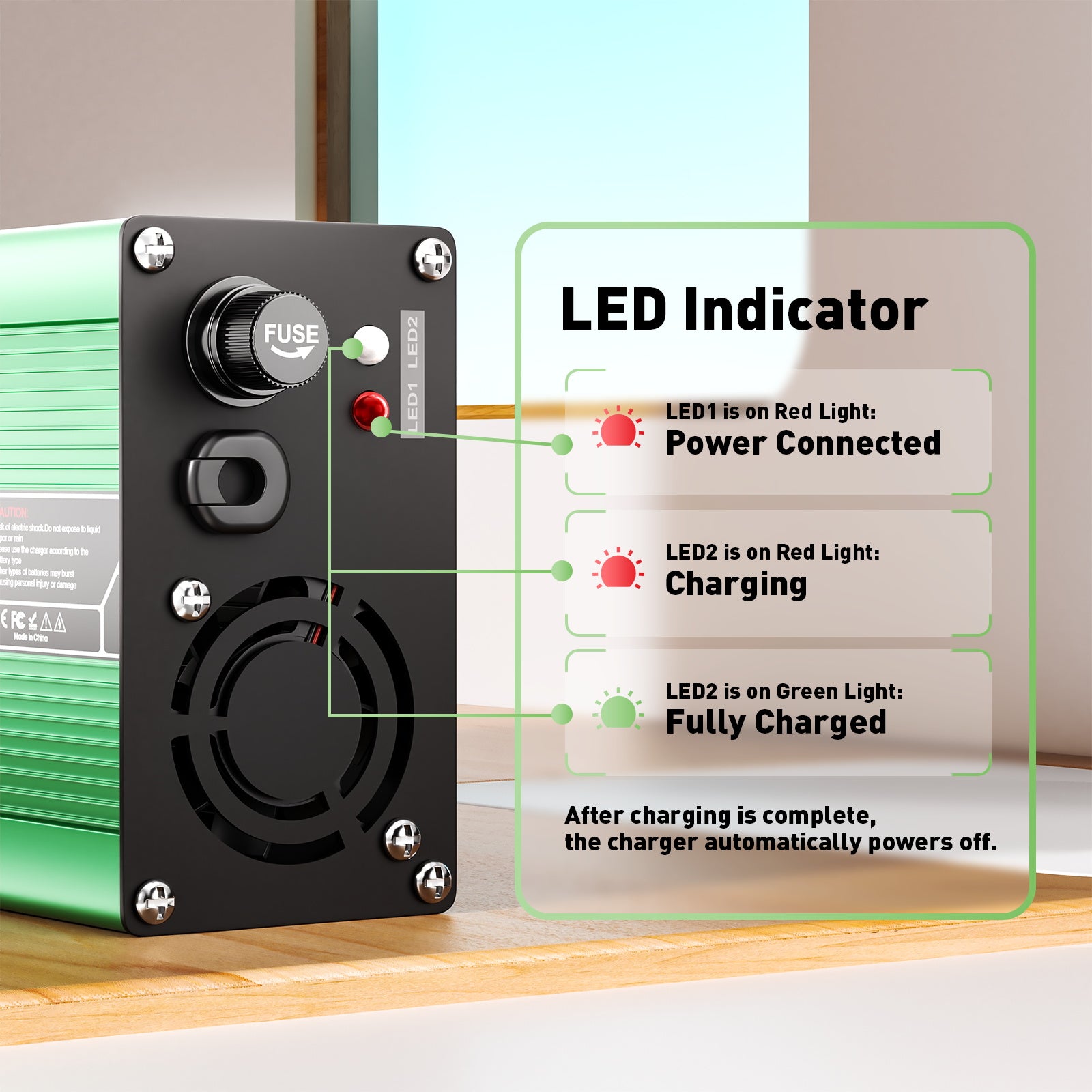 Carregador de Bateria LiFePO4 58.4V 3A NOEIFEVO para Bateria LiFePO4 16S 48V 51.2V, com Ventilador de Resfriamento, Desligamento Automático (VERDE)