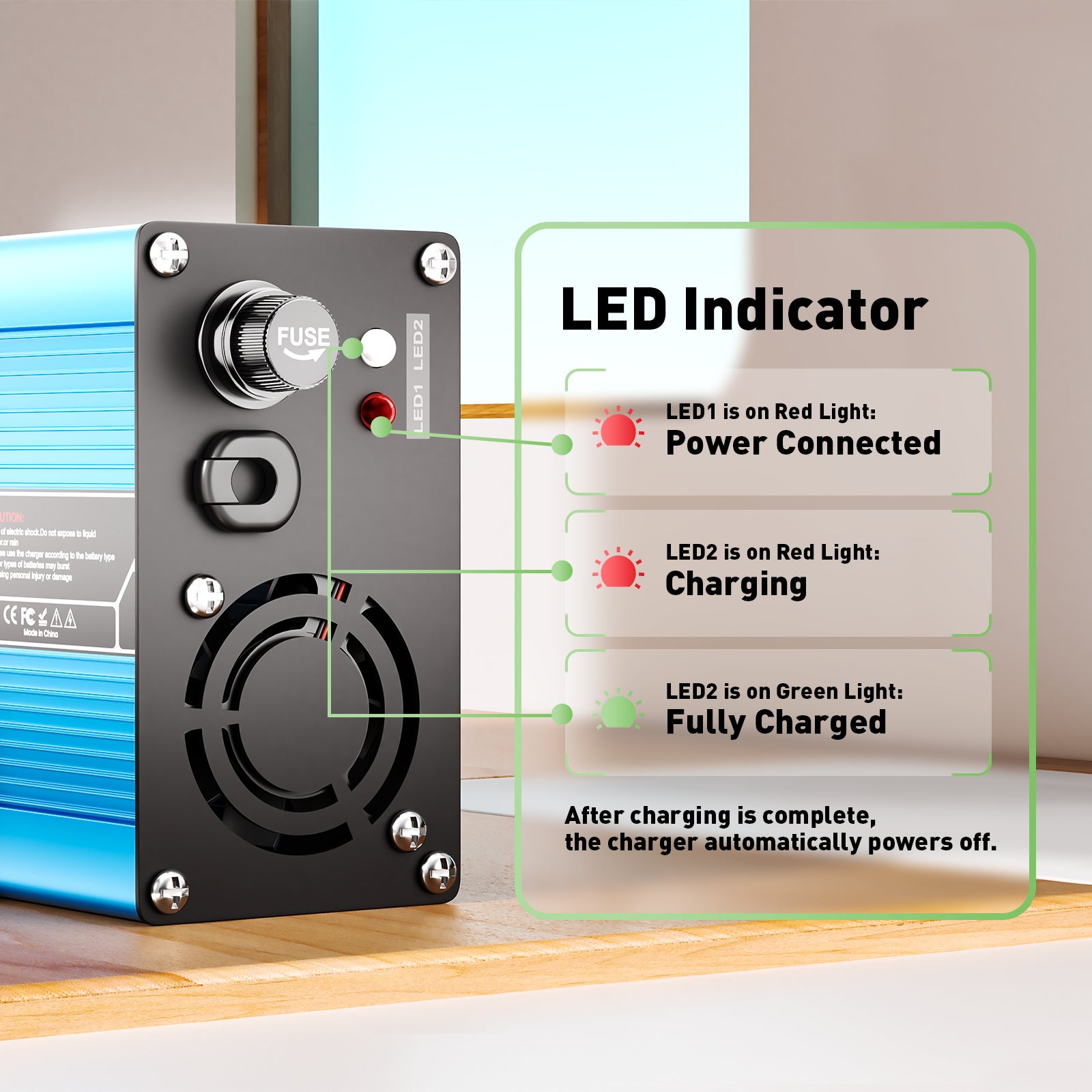 NOEIFEVO 42V 10A 10S Lithium-baterie nabíječka, pro 10S 37V Li-Ion baterii, automatické vypnutí, hliníkový kryt, s ventilátorem (modrý)