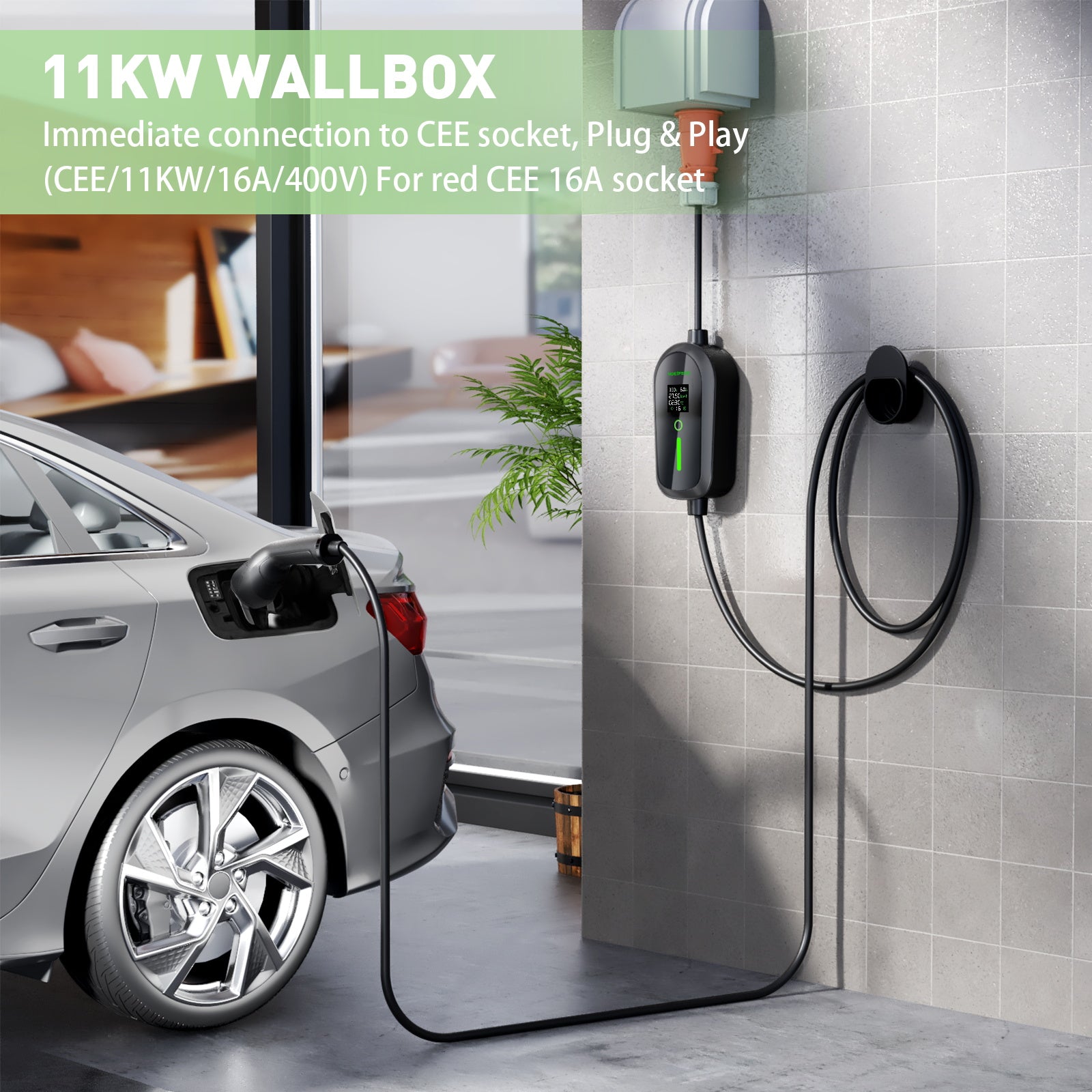 NOEIFEVO F097 11KW Wallbox móvil EV con app, 3 fases 6-16A con potencia de carga ajustable, control remoto por Wi-Fi, cable de carga CEE 16A a Tipo 2 para cargador EV