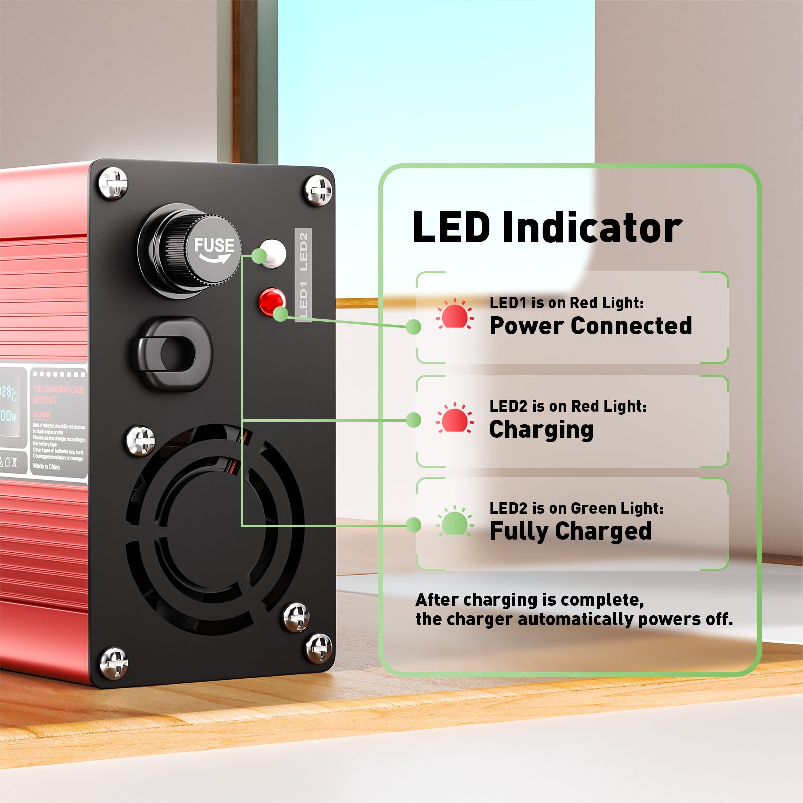 NOEIFEVO Cargador de litio 33.6V 5A para baterías Li-Ion Lipo 8S 29.6V, con ventilador de refrigeración, apagado automático (ROJO)