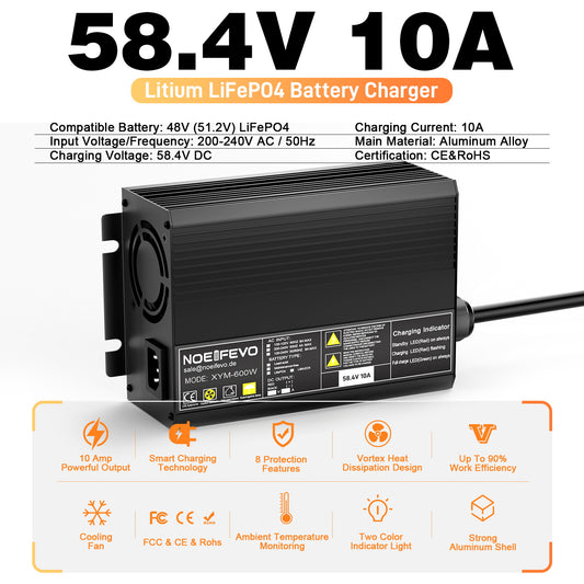 NOEIFEVO 58,4 V 10 A LiFePO4 Ładowarka akumulatorów do akumulatorów litowo-jonowych 51,2 V (48 V) 16S do wózków golfowych, kamperów i silników elektrycznych do wędkowania