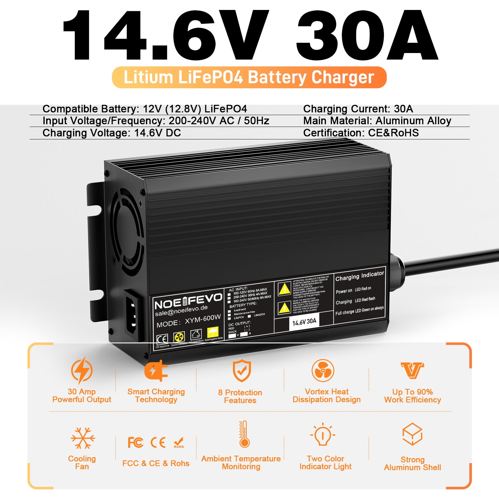 Noeifevo 12V 12.8V 30A LiFePO4  litio de batería de Cargador , voltaje de carga 14.6V, activación BMS 0V, apagado automático, carcasa de aluminio