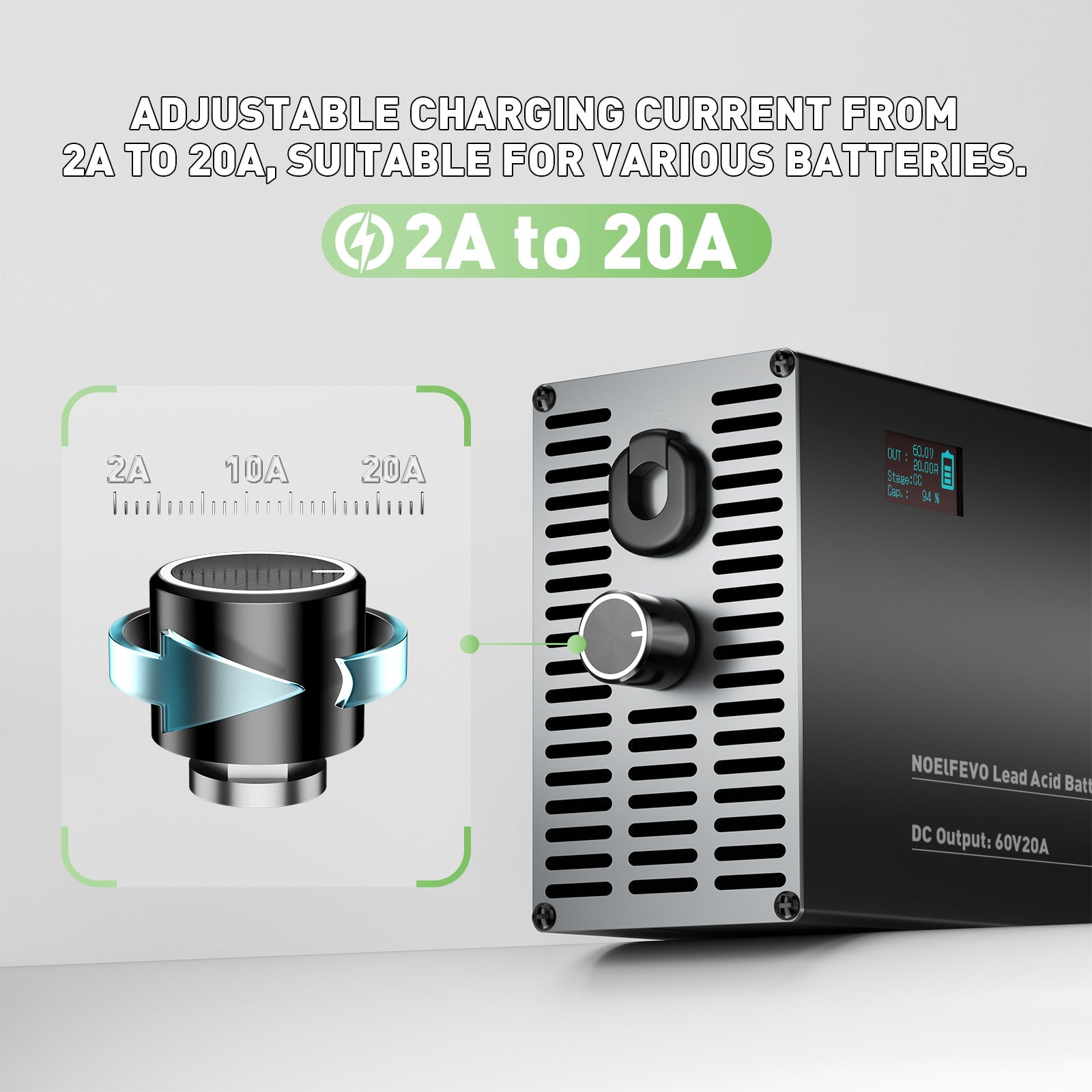 NOEIFEVO 60V 2A-20A Stroom Instelbaar Acculader voor Loodzuuraccu's, AGM, Gel, Golfwagen Acculader, LED-display