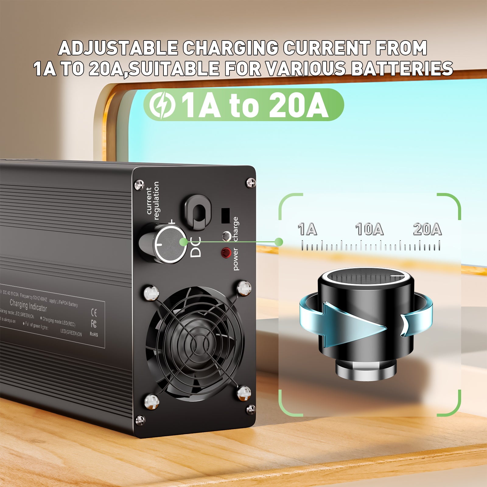 NOEIFEVO 87.6V 20A Lithium-LiFePO4 nabíječka pro 76.8V 24S LiFePO4 baterii, LCD displej, nastavitelný proud, nabíječka pro trollingový motor, loď a obytné vozy