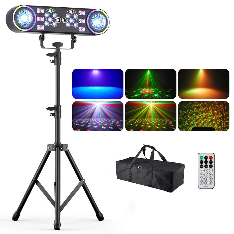 80W DJ-Partylicht mit Multi-Effekt, RG-Laser, UV- und Magic-Ball-Wash-Funktion, DMX512 (29 Kanäle), inklusive Stativ und Tragetasche für Hochzeiten, Bars und KTV